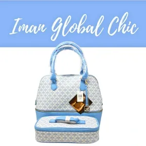 Blue IMAN Logo Print Satchel with Hidden Removeable Cosmetic/Lunch Case