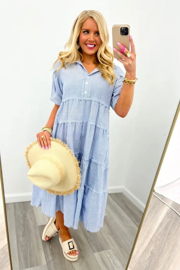 Blue Mix Balloon Short Sleeve Maxi Dress