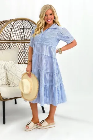 Blue Mix Balloon Short Sleeve Maxi Dress