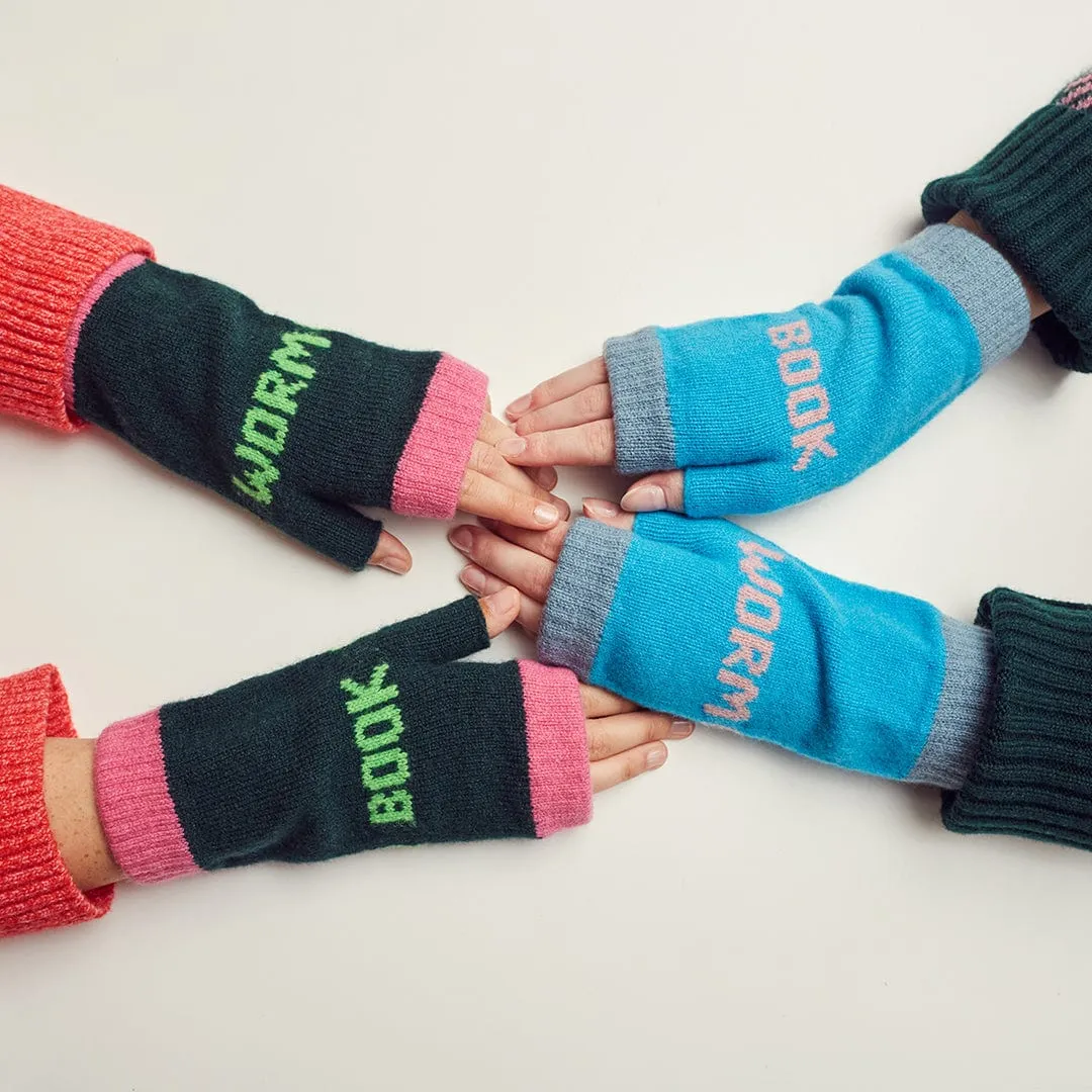 Book Worm Mittens in Forest Green with Neon Green & Bubblegum