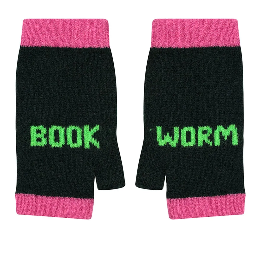 Book Worm Mittens in Forest Green with Neon Green & Bubblegum