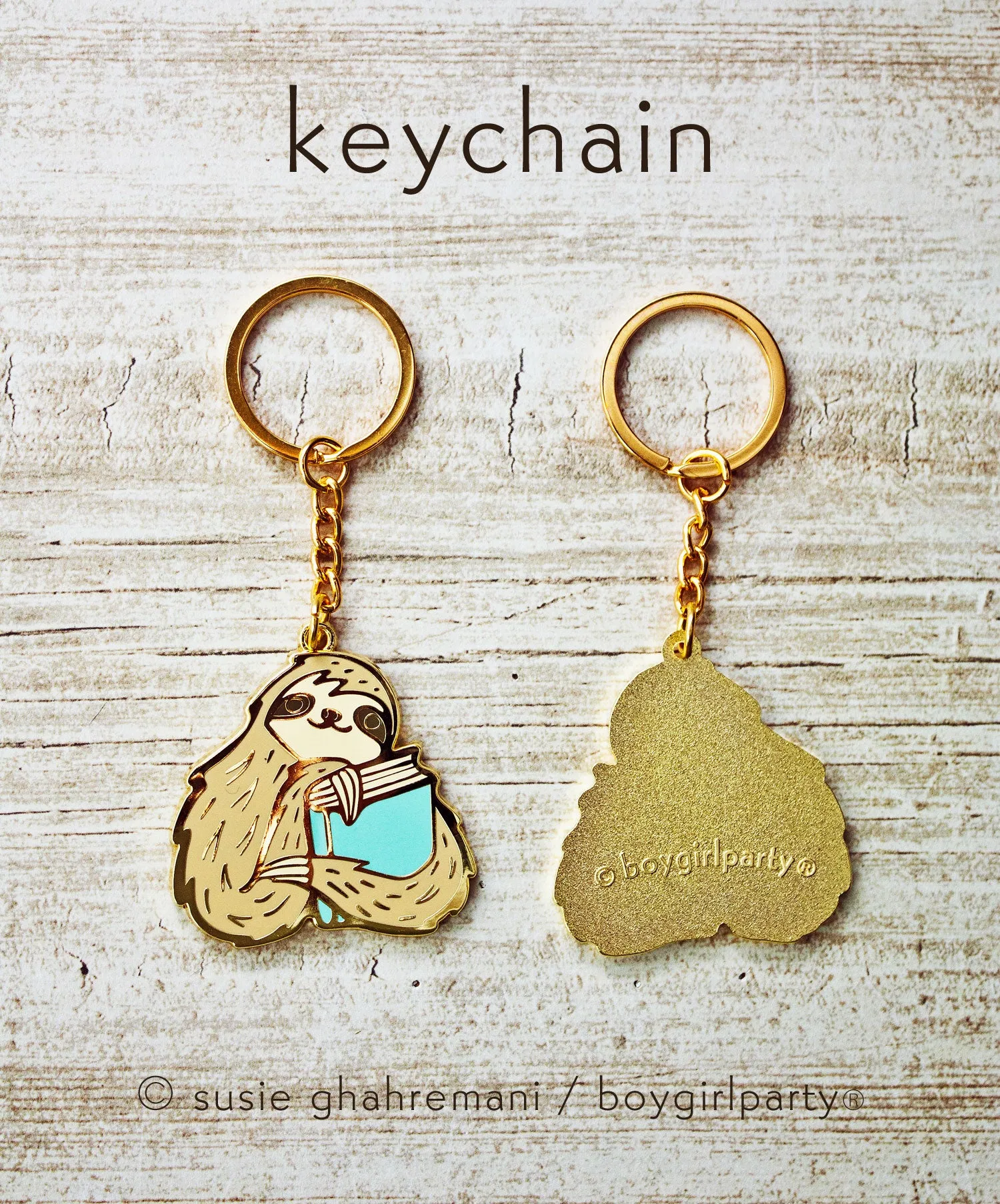 Bookish Sloth Keychain -- Gold Book Sloth Key Chain