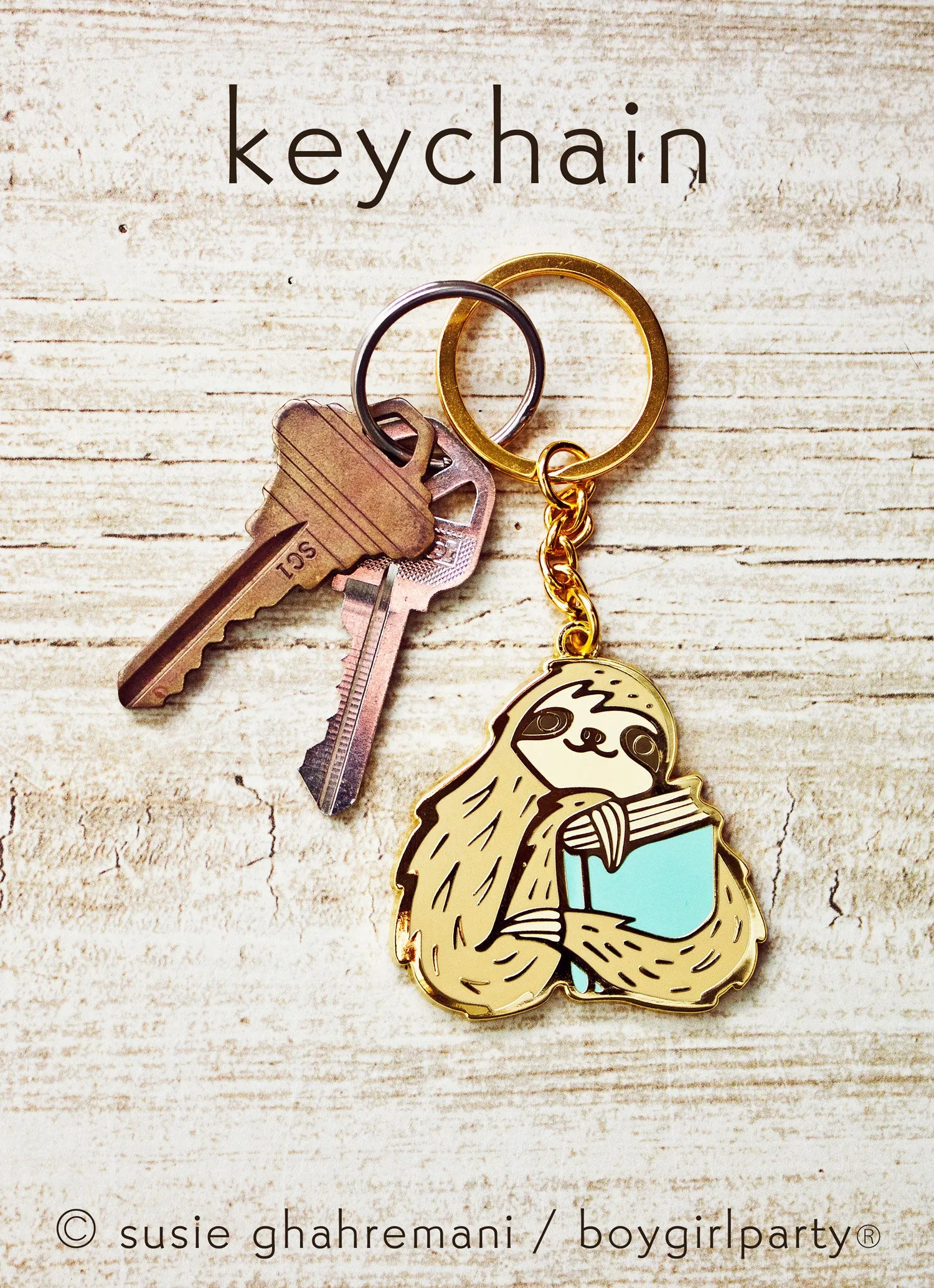 Bookish Sloth Keychain -- Gold Book Sloth Key Chain