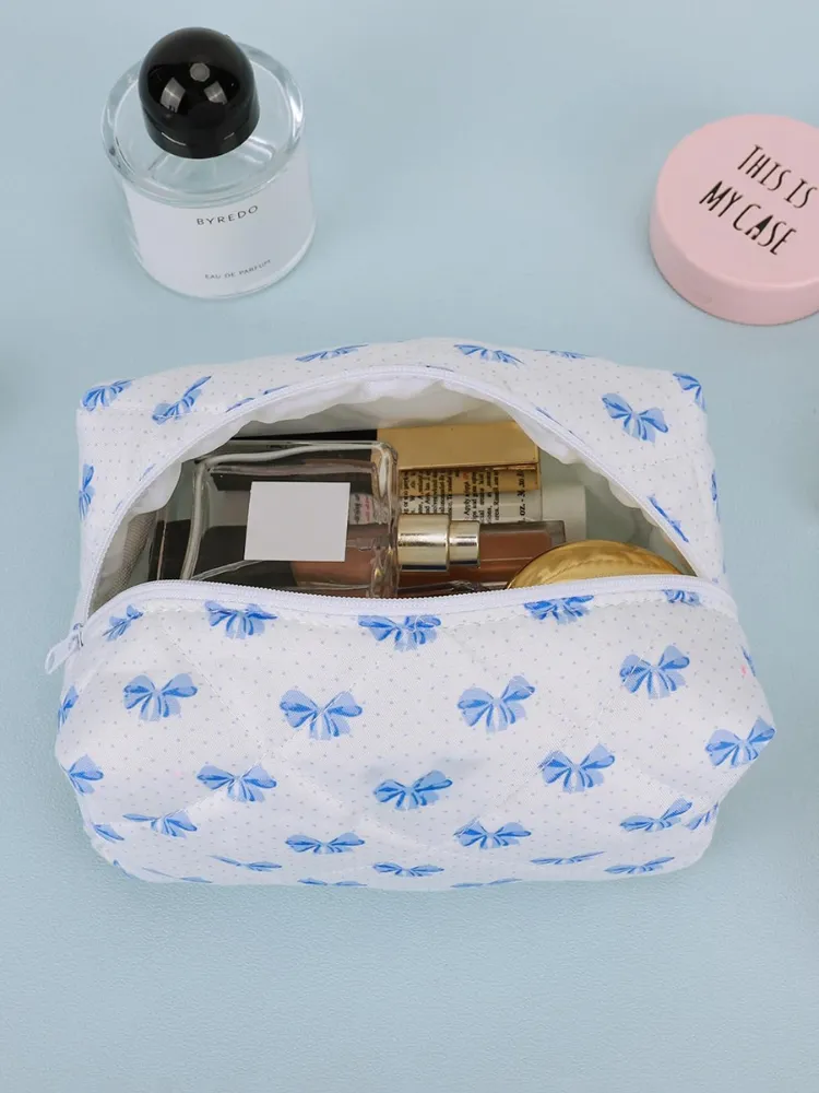 Bow Quilted Makeup Bag - Blue