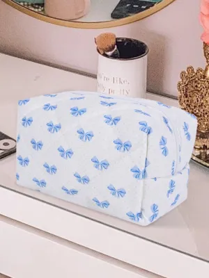 Bow Quilted Makeup Bag - Blue