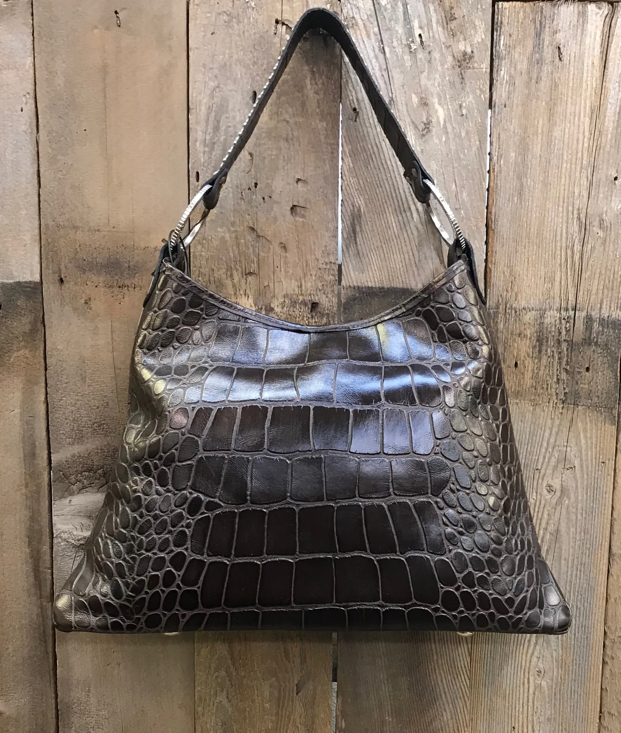 Brown And Gold Acid Wash With Swarovski Crystal Round Rings Handbag
