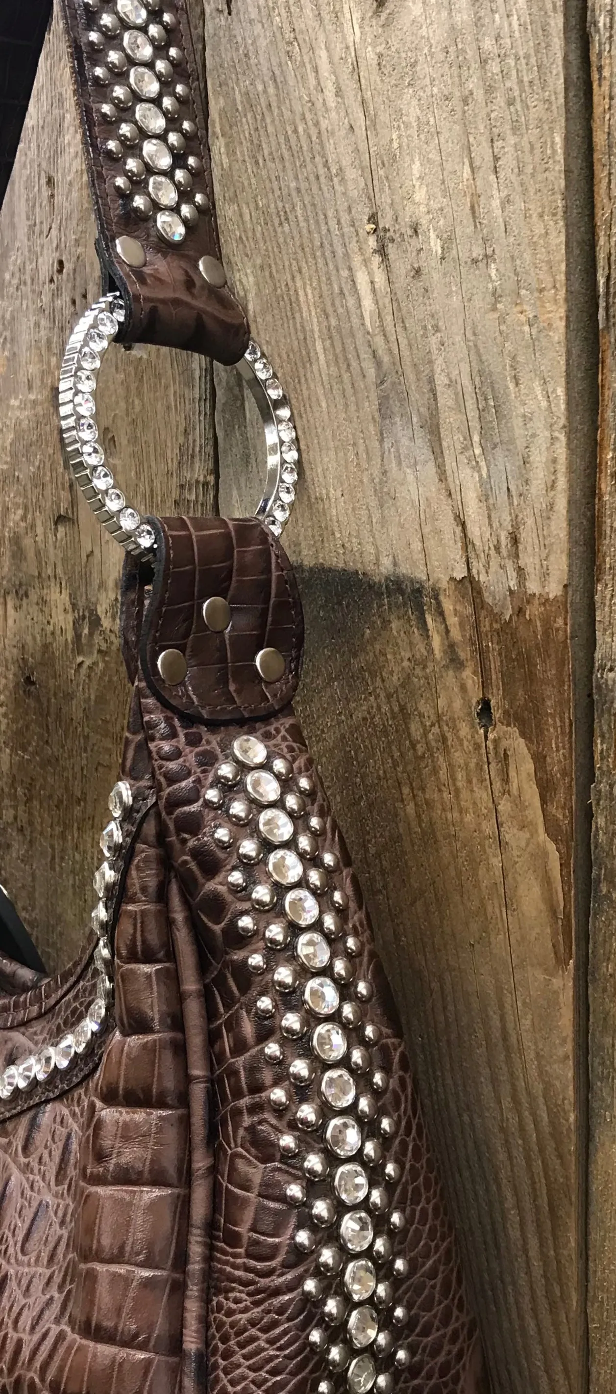 Brown Croc With Three Swarovski Crystal Conchos Handbag