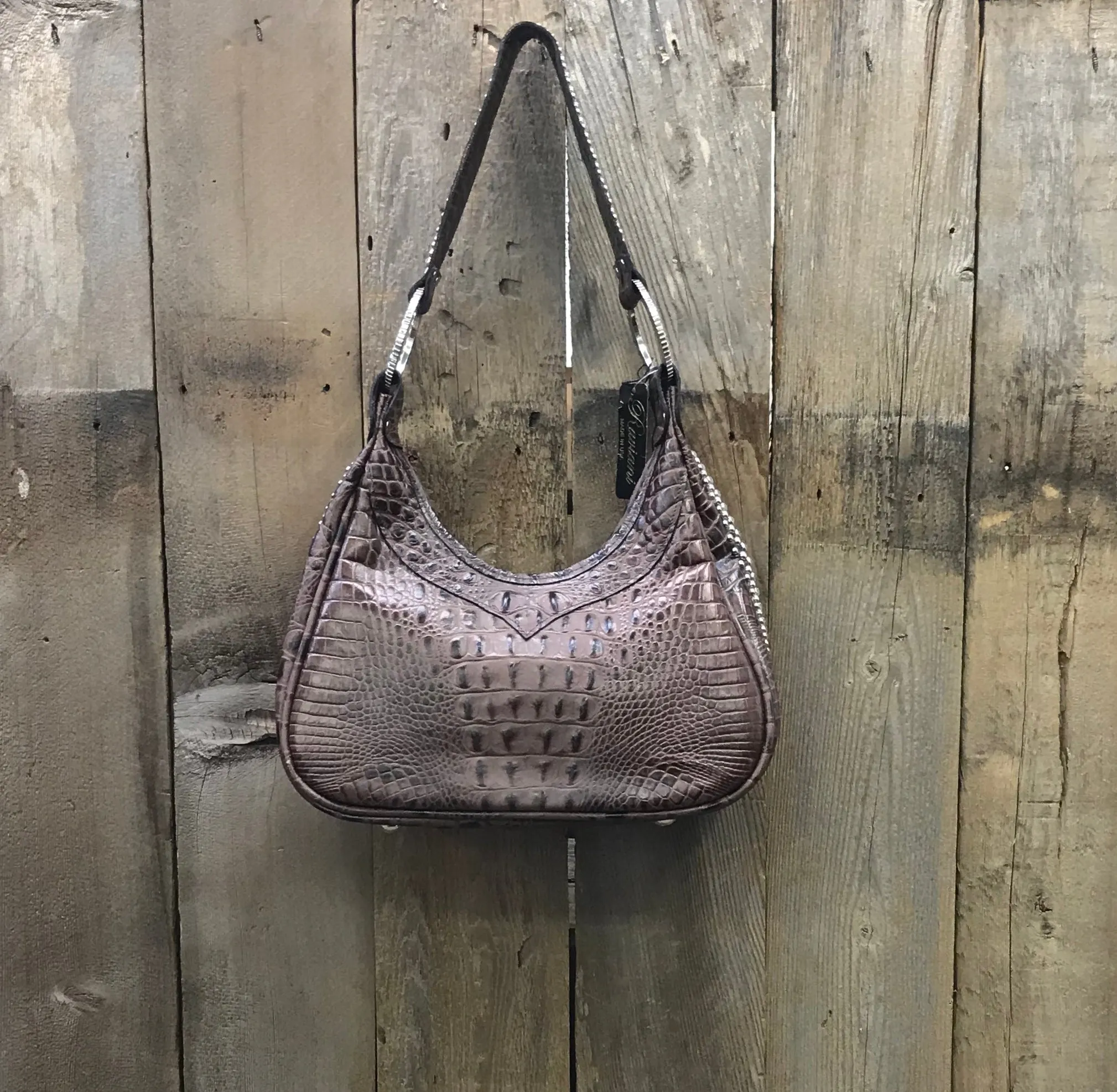 Brown Croc With Three Swarovski Crystal Conchos Handbag