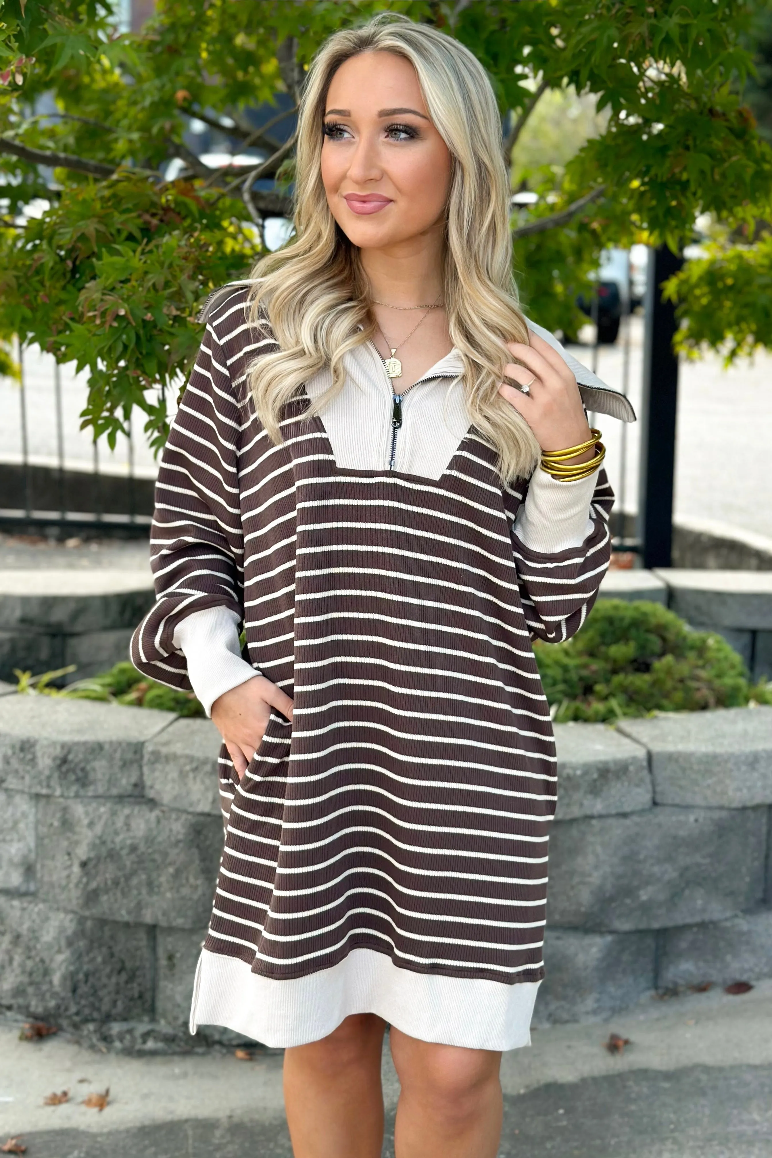 Brown Half Zip Striped Sweater Dress *Final Sale*