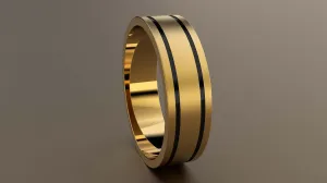 Brushed Yellow Gold 6mm Double Black Groove Wedding Band