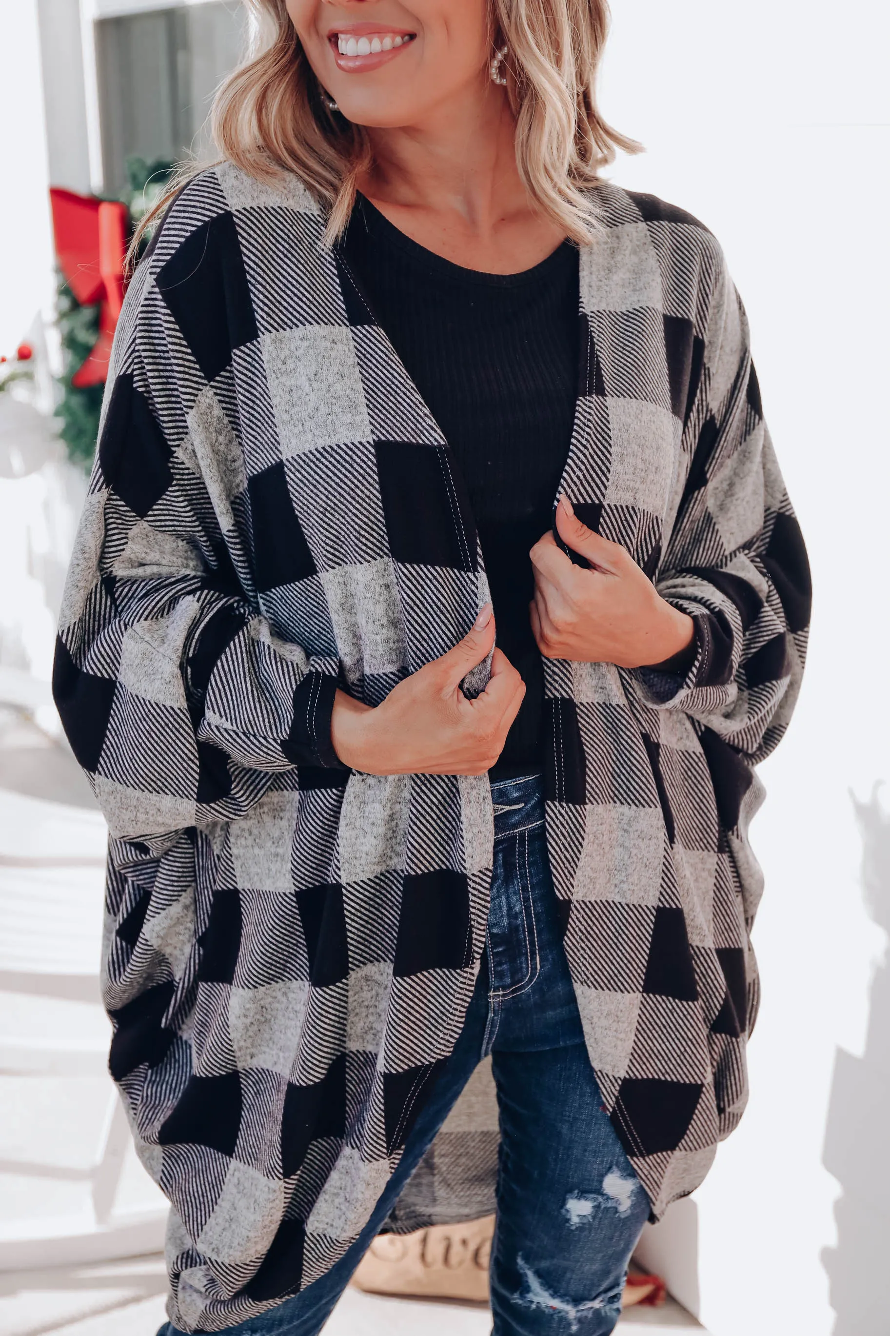 Buffalo Plaid Open Front Cardigan - Grey