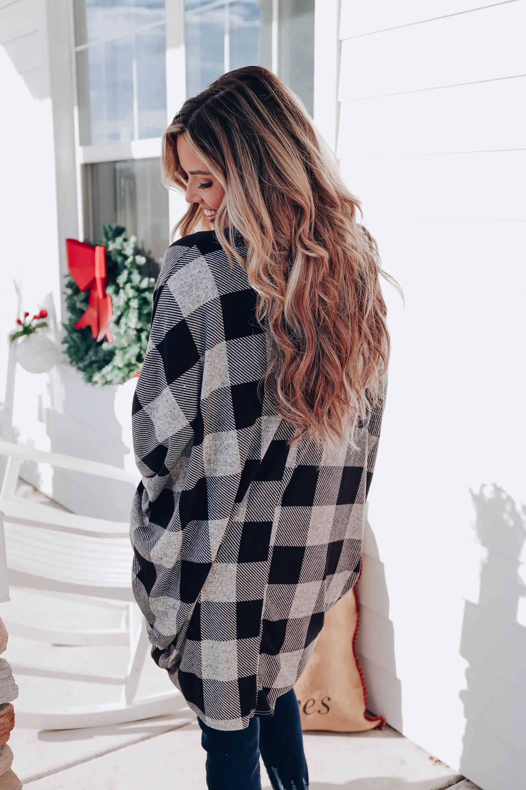 Buffalo Plaid Open Front Cardigan - Grey