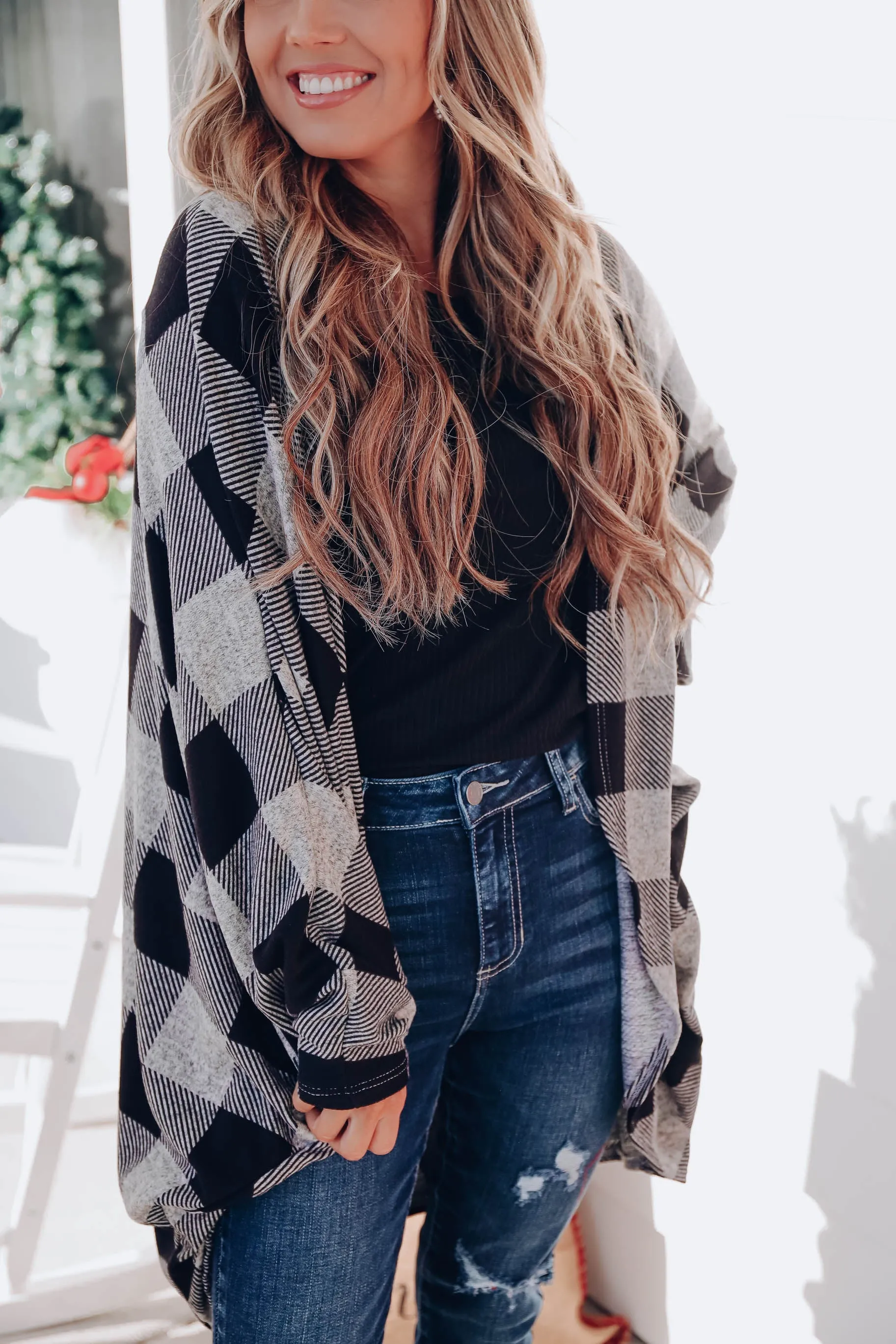 Buffalo Plaid Open Front Cardigan - Grey