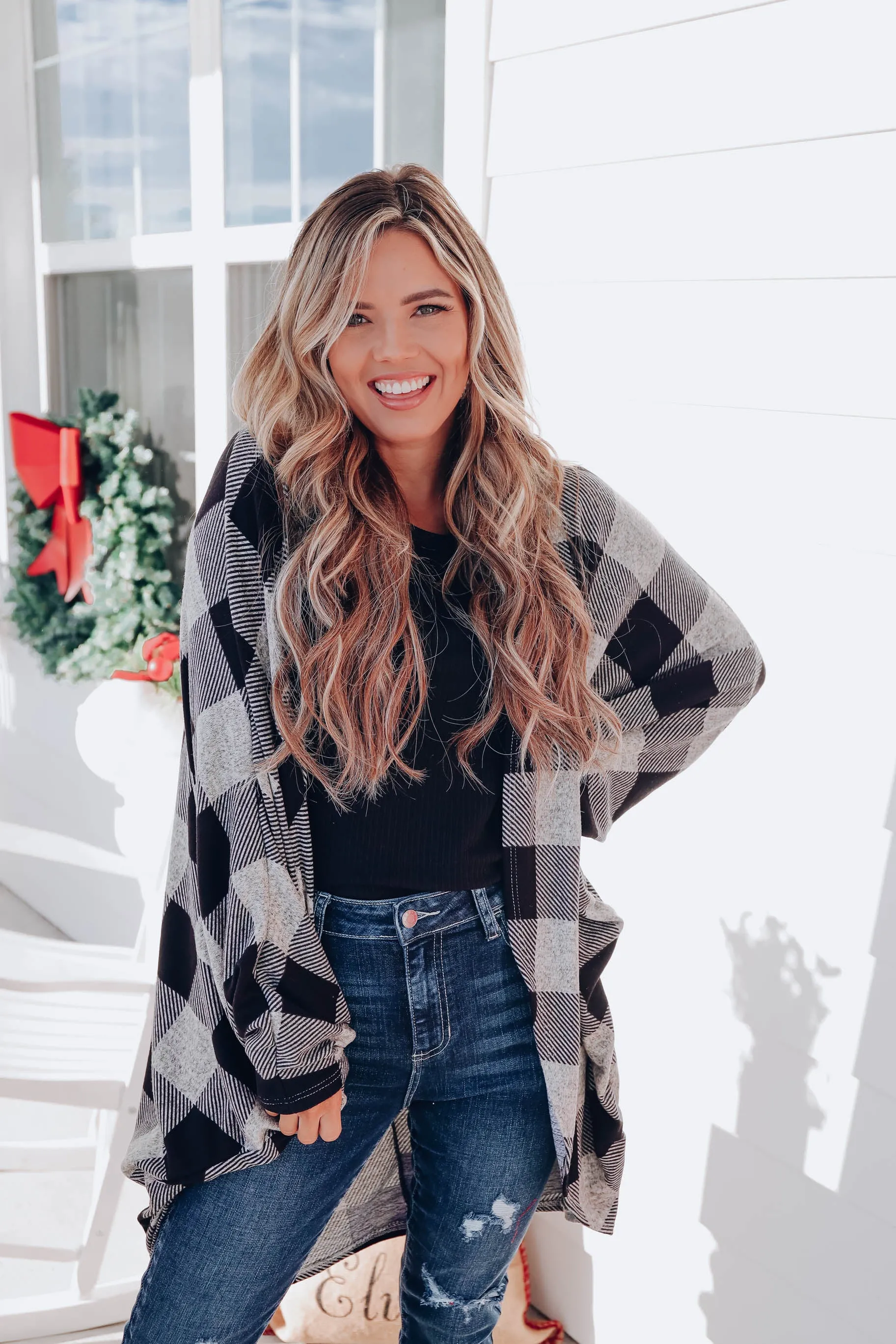 Buffalo Plaid Open Front Cardigan - Grey