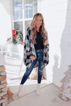 Buffalo Plaid Open Front Cardigan - Grey