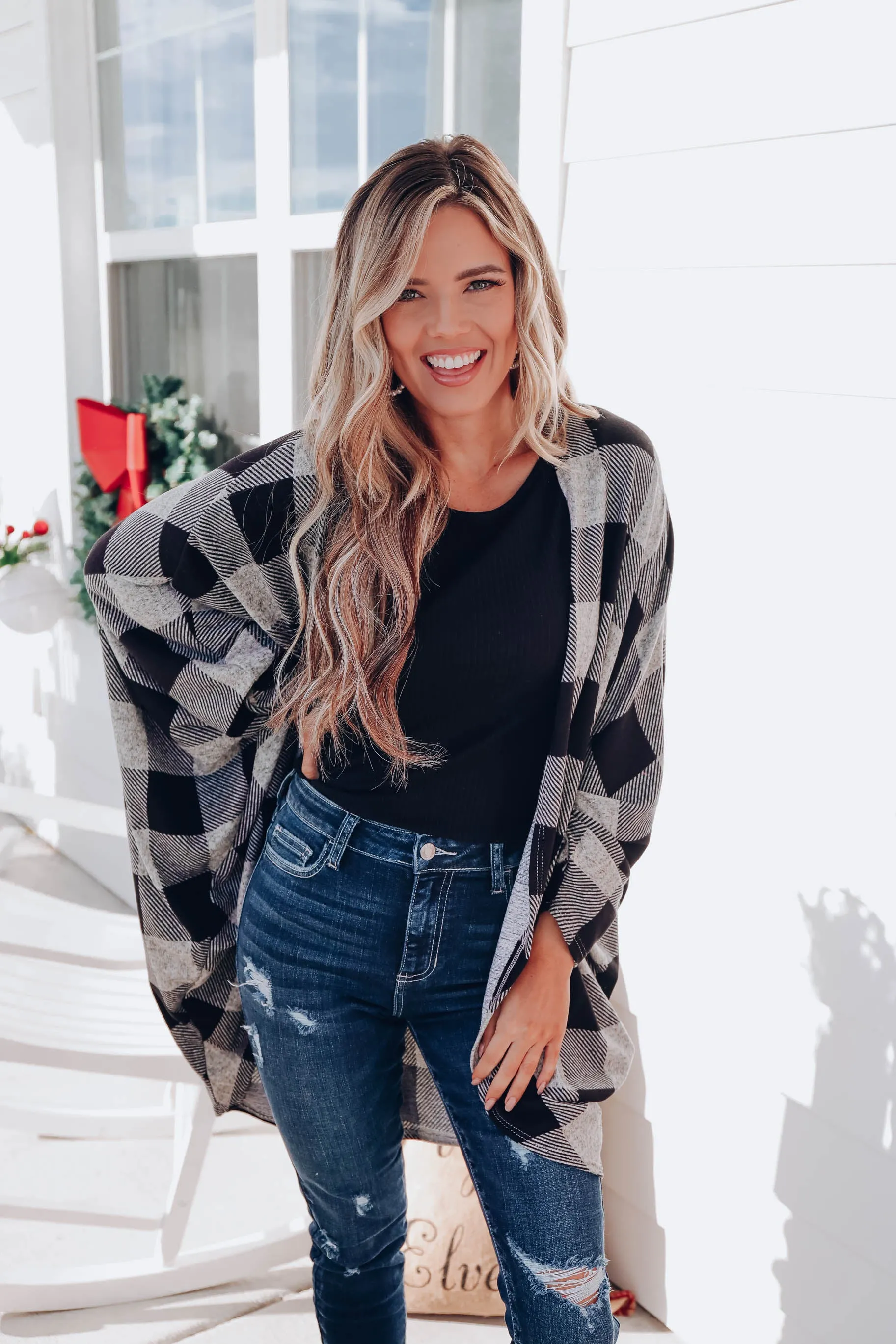 Buffalo Plaid Open Front Cardigan - Grey