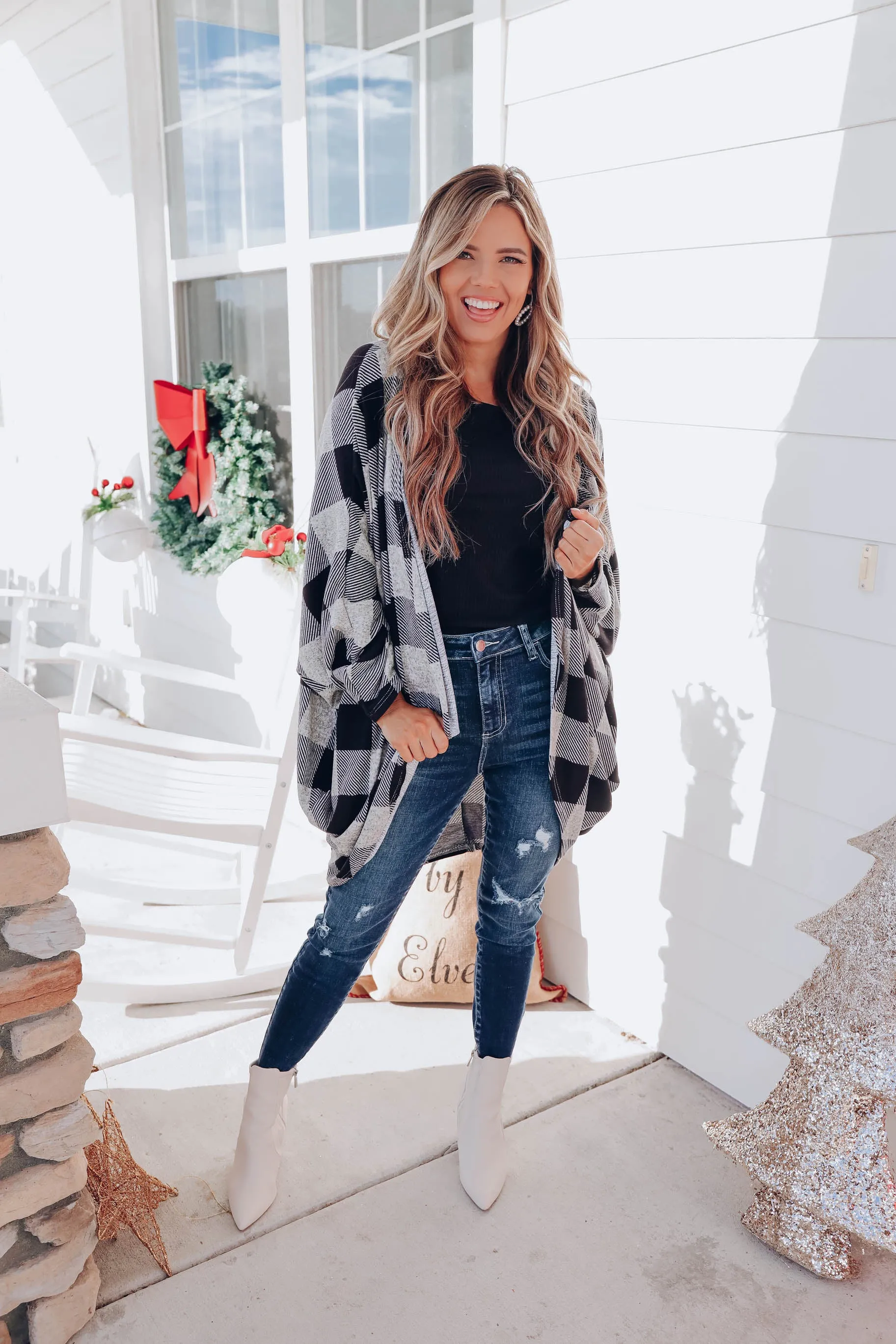 Buffalo Plaid Open Front Cardigan - Grey