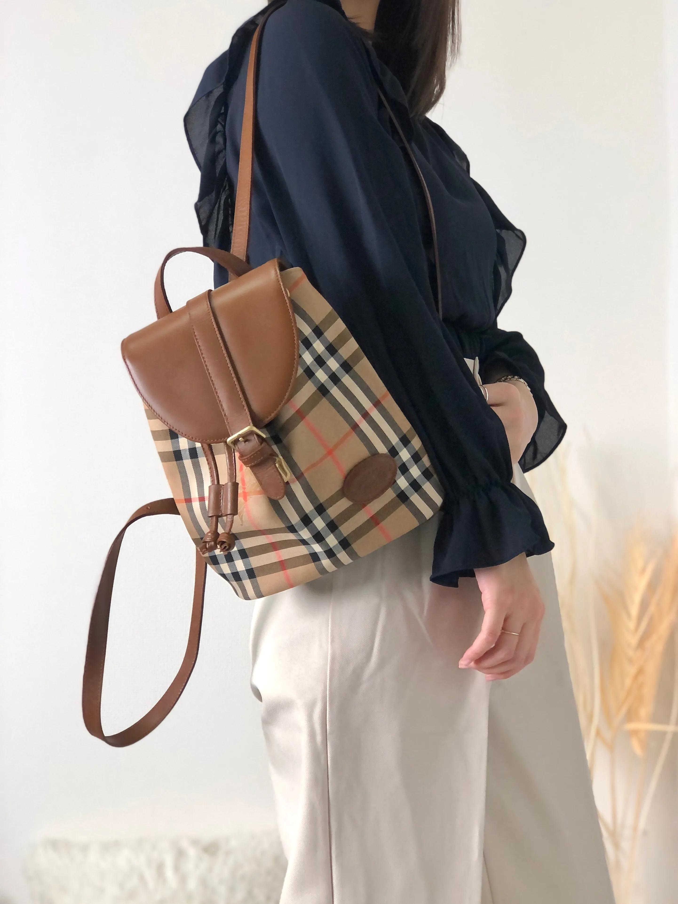 BURBERRY Classic Check Front Buckle Canvas Leather Backpack Beige Vintage x6idrn