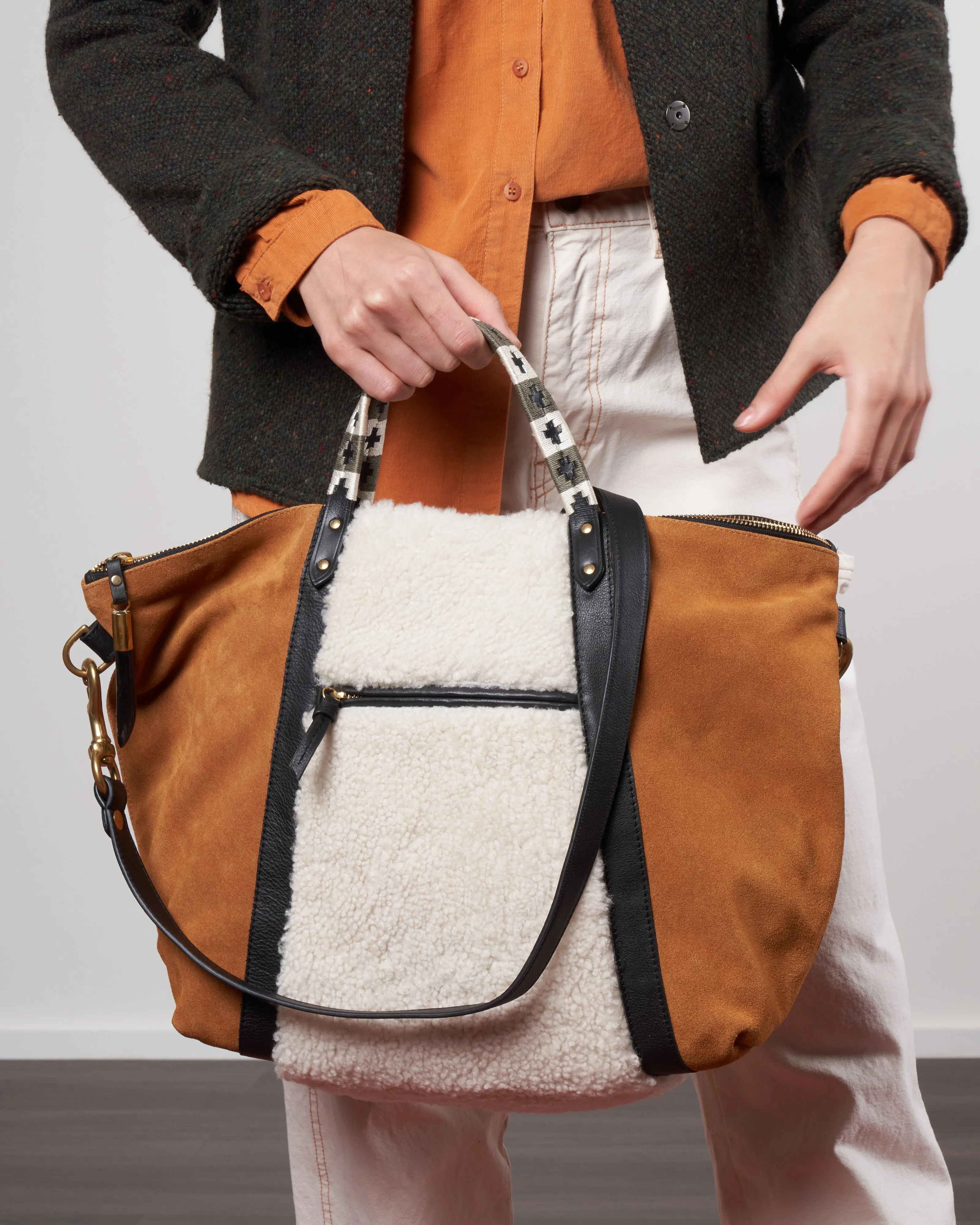 burnt sienna and shearling dylan holdall - burnt sienna