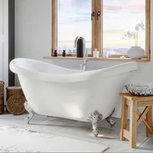 Cambridge Plumbing Acrylic Double Ended Slipper Bathtub 68" X 28" with No Faucet Drillings and Polished Chrome Feet