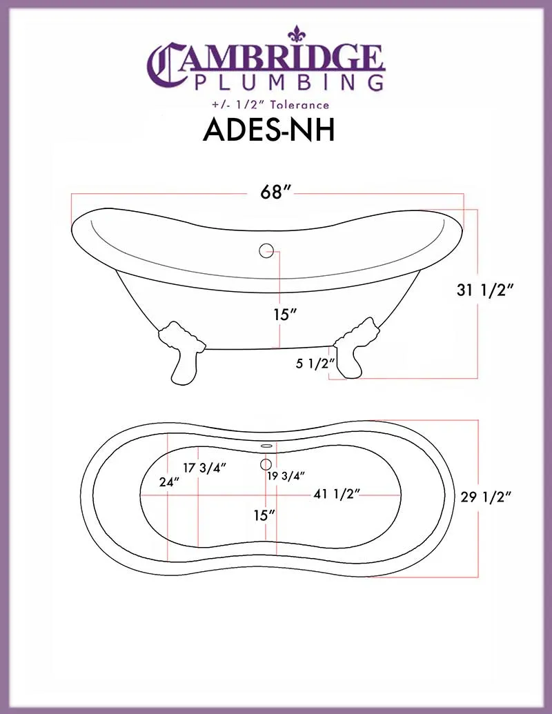 Cambridge Plumbing Acrylic Double Ended Slipper Bathtub 68" X 28" with No Faucet Drillings and Polished Chrome Feet