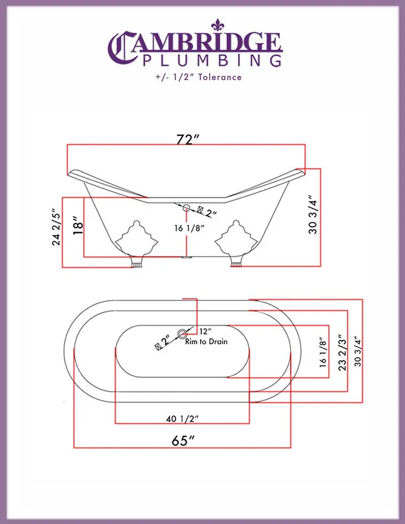 Cambridge Plumbing Cast Iron Double Ended Slipper Tub 71" X 30" with No Faucet Drillings and Brushed Nickel Feet