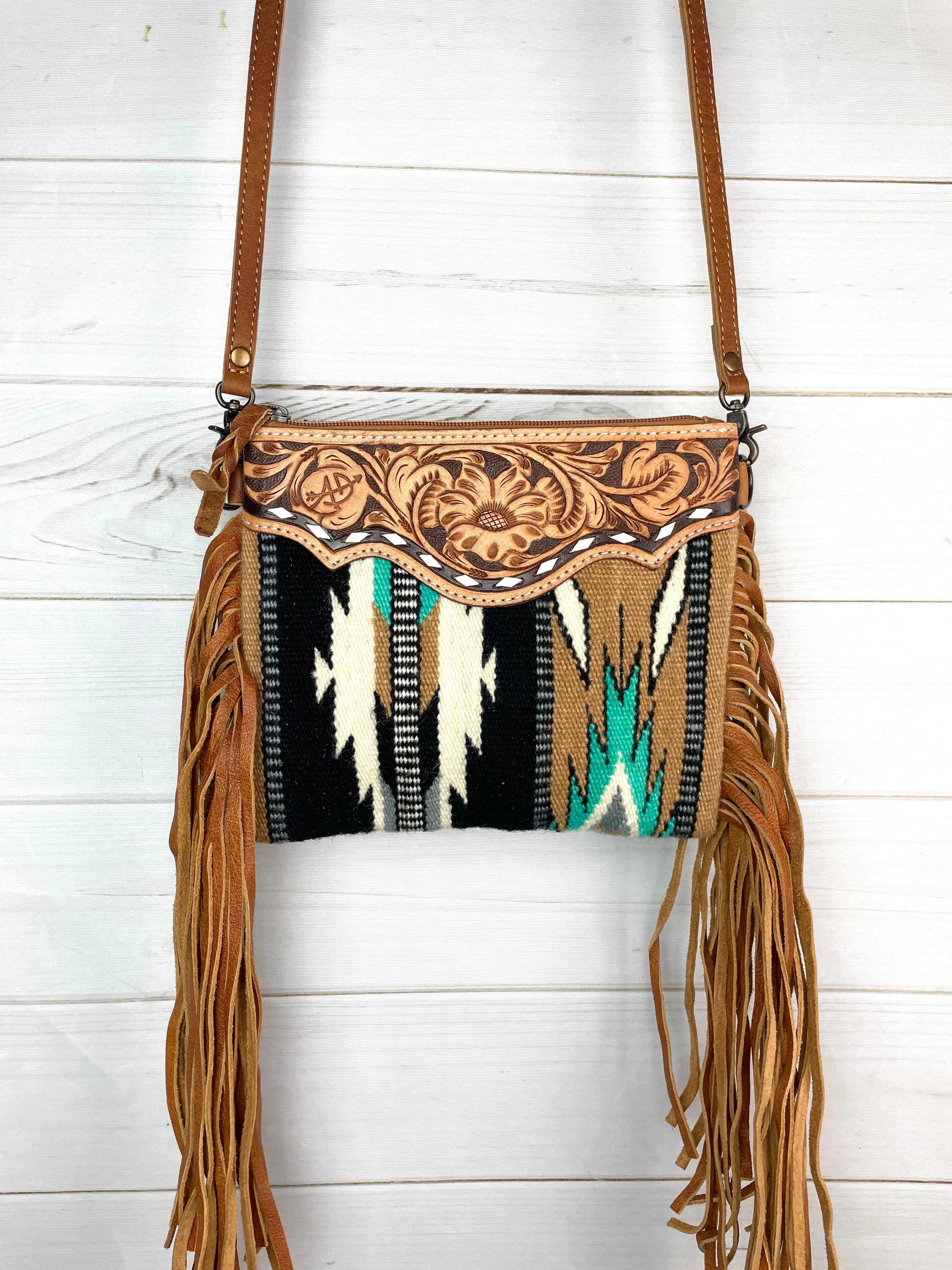 Campo Tan & Turquoise Wool, Leather Tooled Fringe Med. Bag