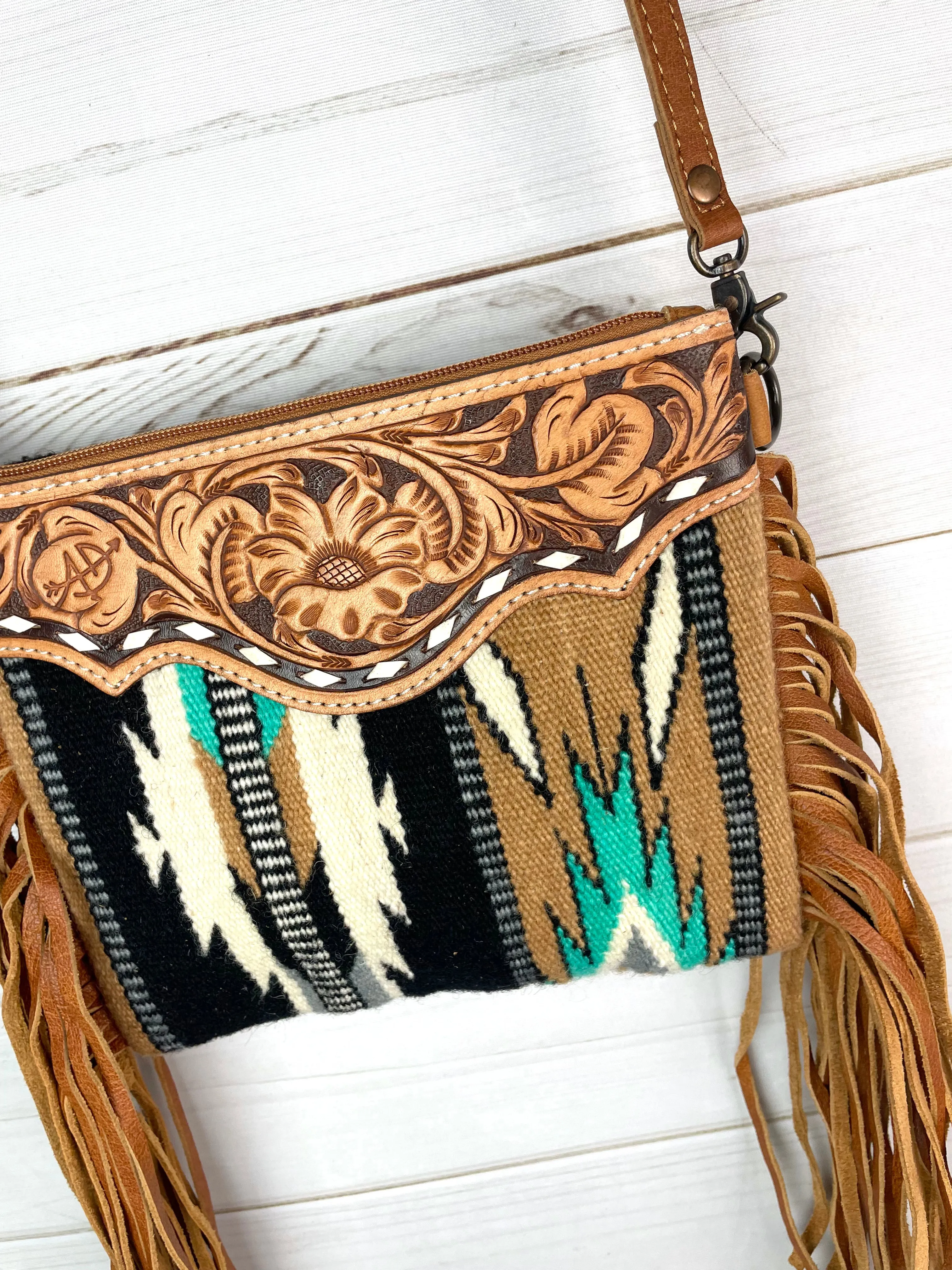 Campo Tan & Turquoise Wool, Leather Tooled Fringe Med. Bag