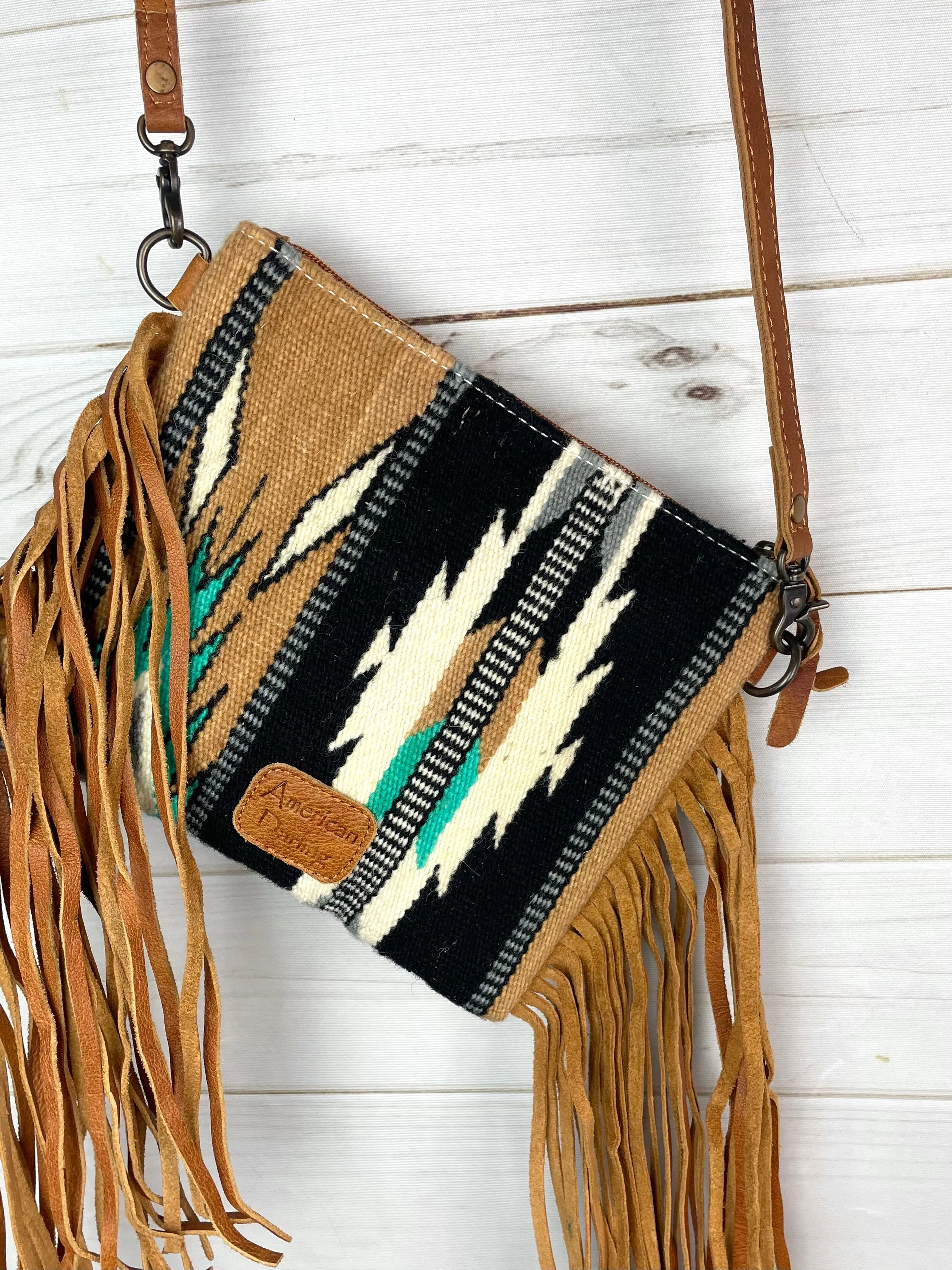 Campo Tan & Turquoise Wool, Leather Tooled Fringe Med. Bag