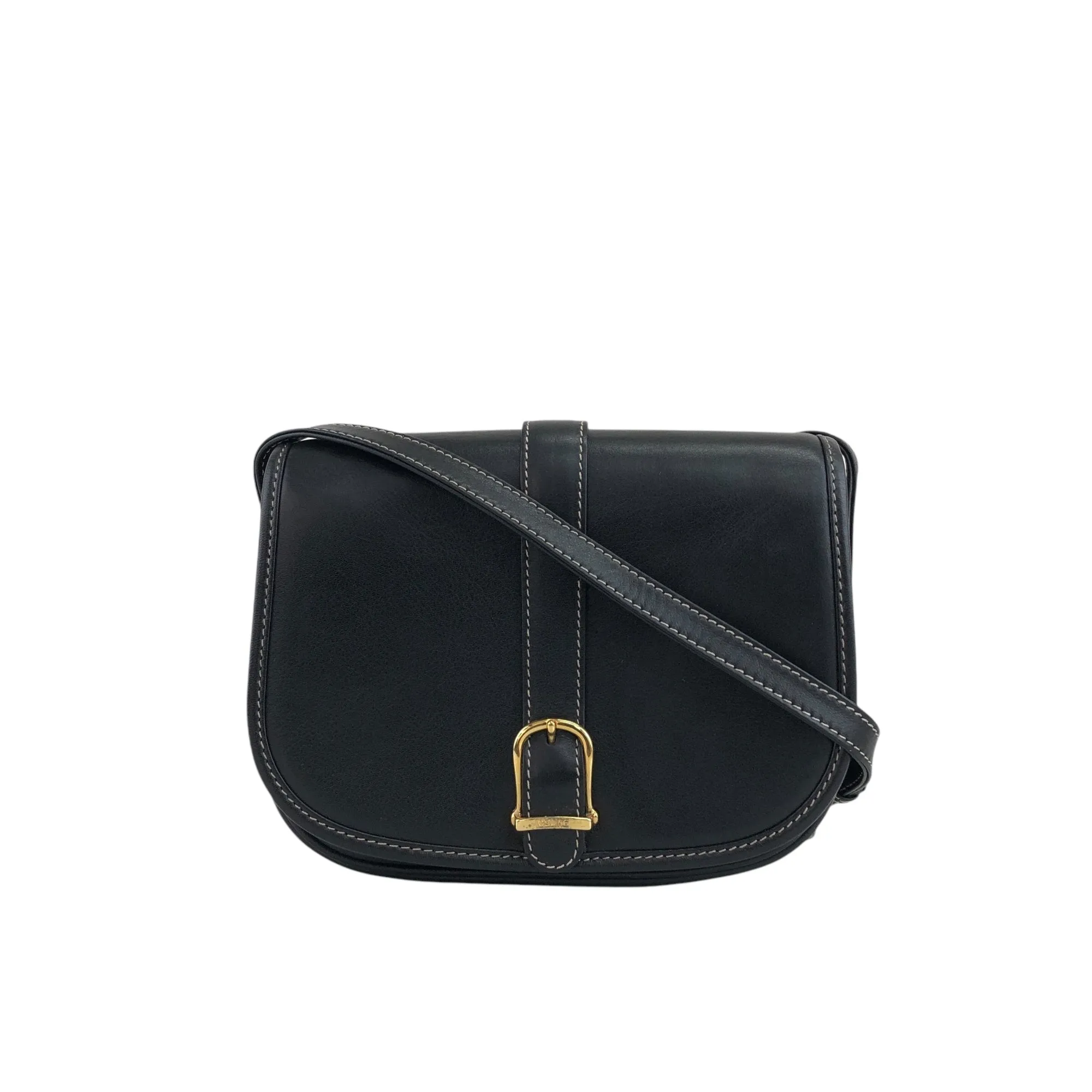 CELINE Belt Buckle Stitch Shoulder bag Black Vintage 8d2v6y