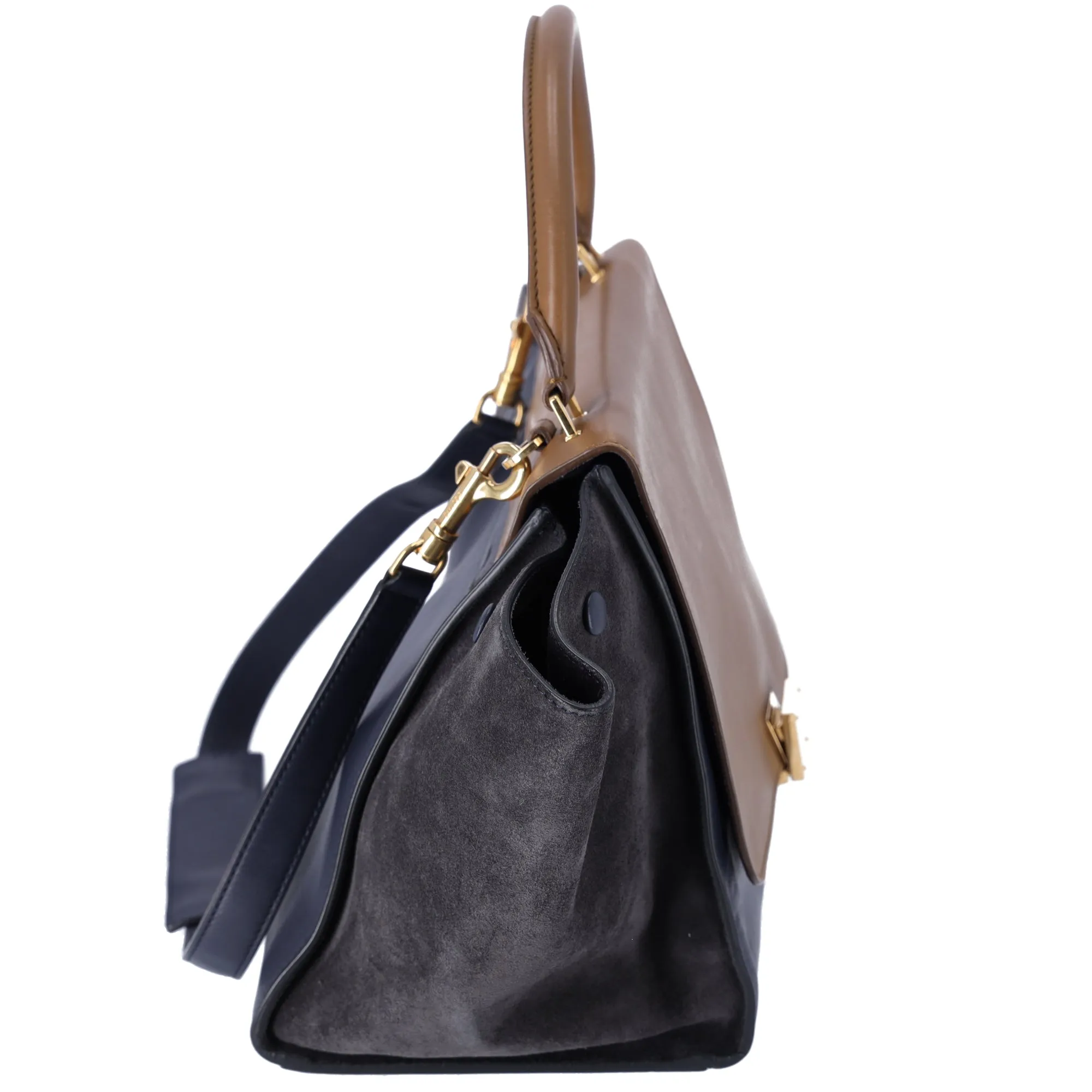 Celine Trapeze Medium Handbag Light Brown Dark Navy Leather Suede