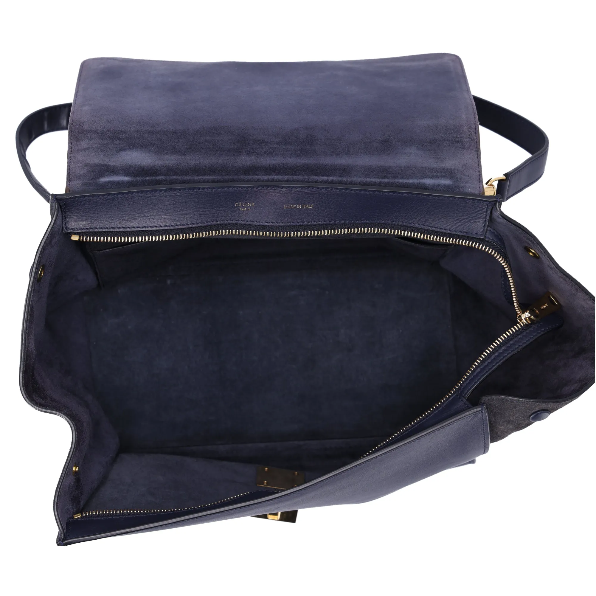 Celine Trapeze Medium Handbag Light Brown Dark Navy Leather Suede