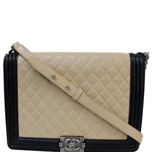 CHANEL Bi-Color Large Boy Flap Quilted Lambskin Leather Shoulder Bag Beige