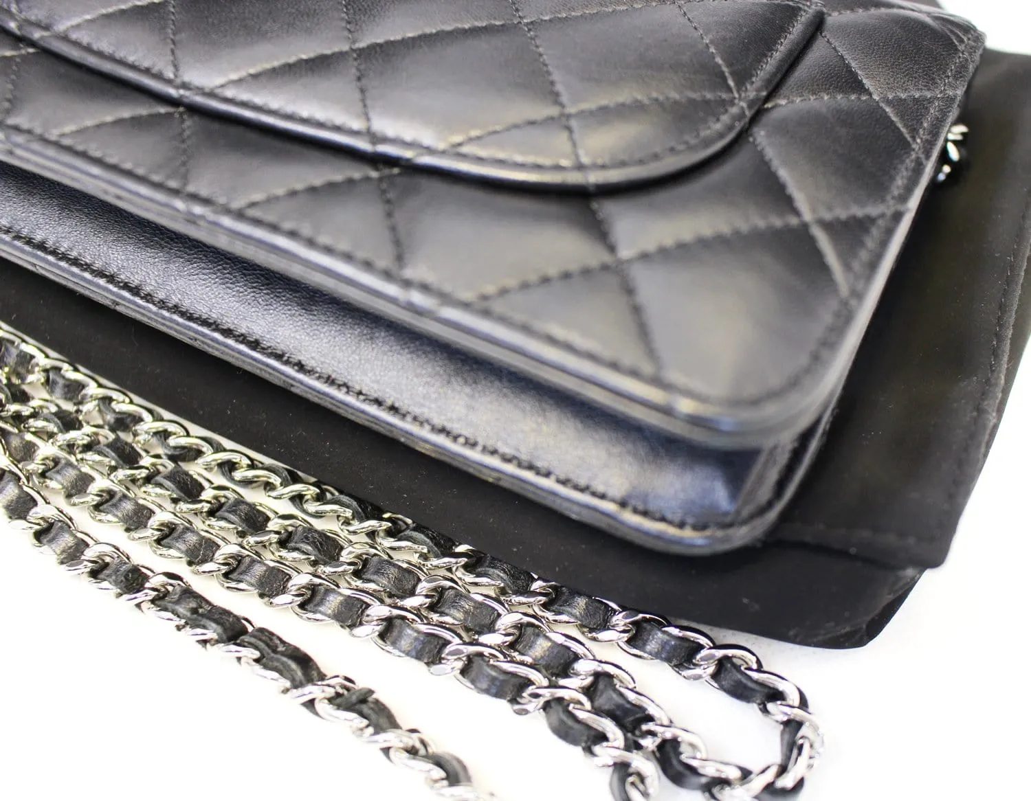 CHANEL Black LambSkin Wallet On Chain WOC Clutch Crossbody Bag