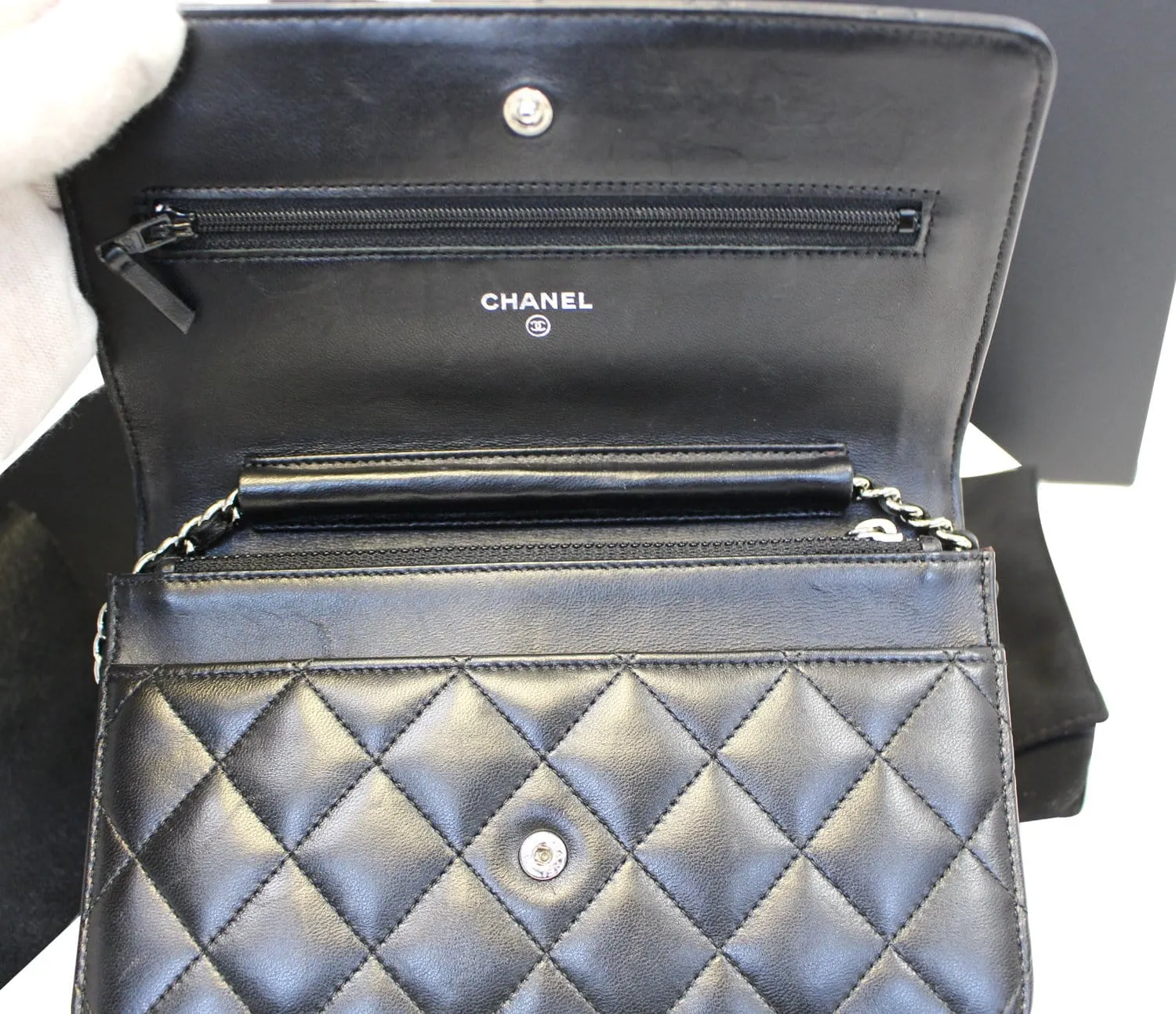 CHANEL Black LambSkin Wallet On Chain WOC Clutch Crossbody Bag