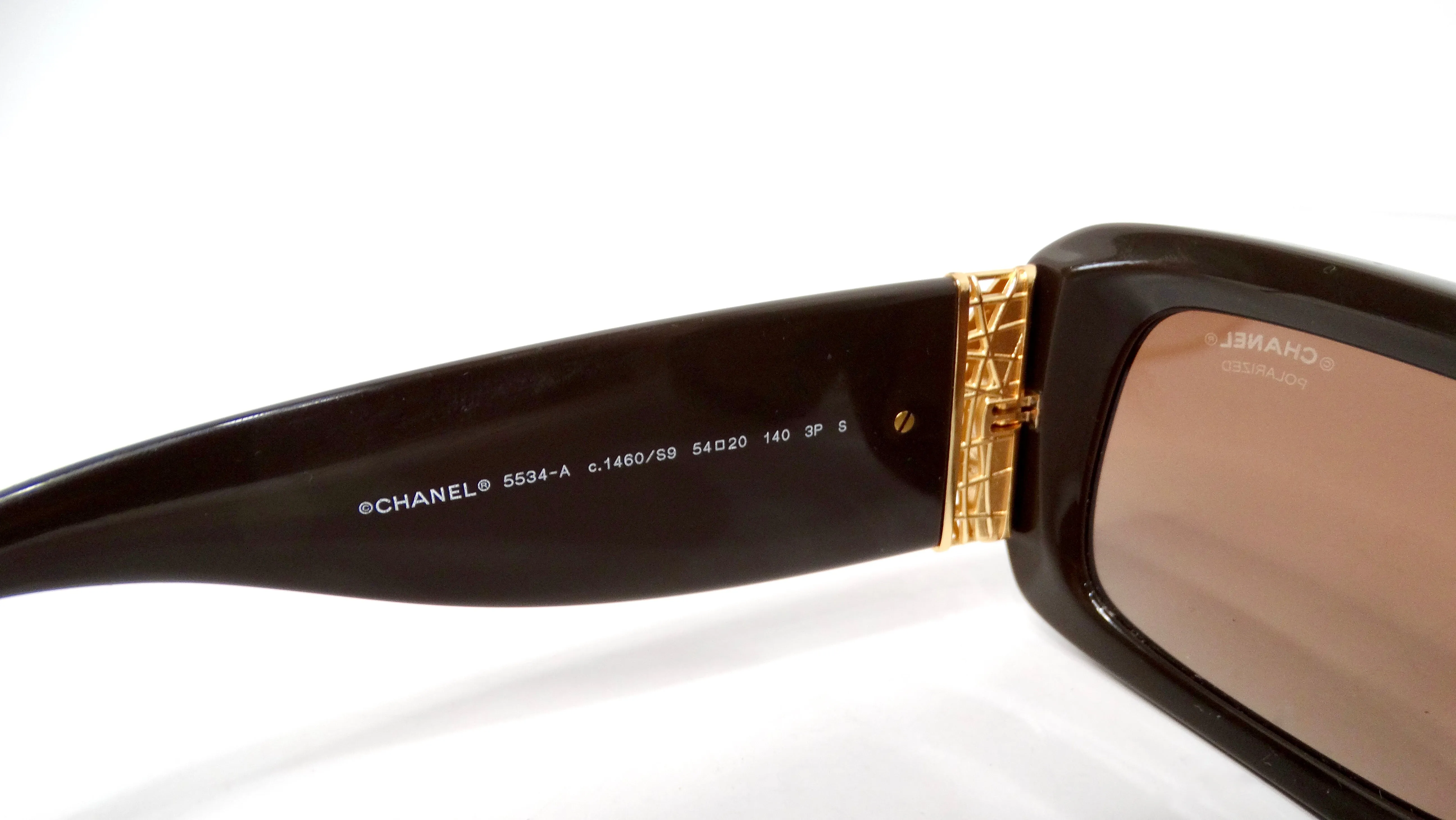 Chanel Brown Polarized Rectangular Gold-Tone Interlocking CC Accent Sunglasses