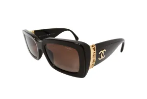 Chanel Brown Polarized Rectangular Gold-Tone Interlocking CC Accent Sunglasses