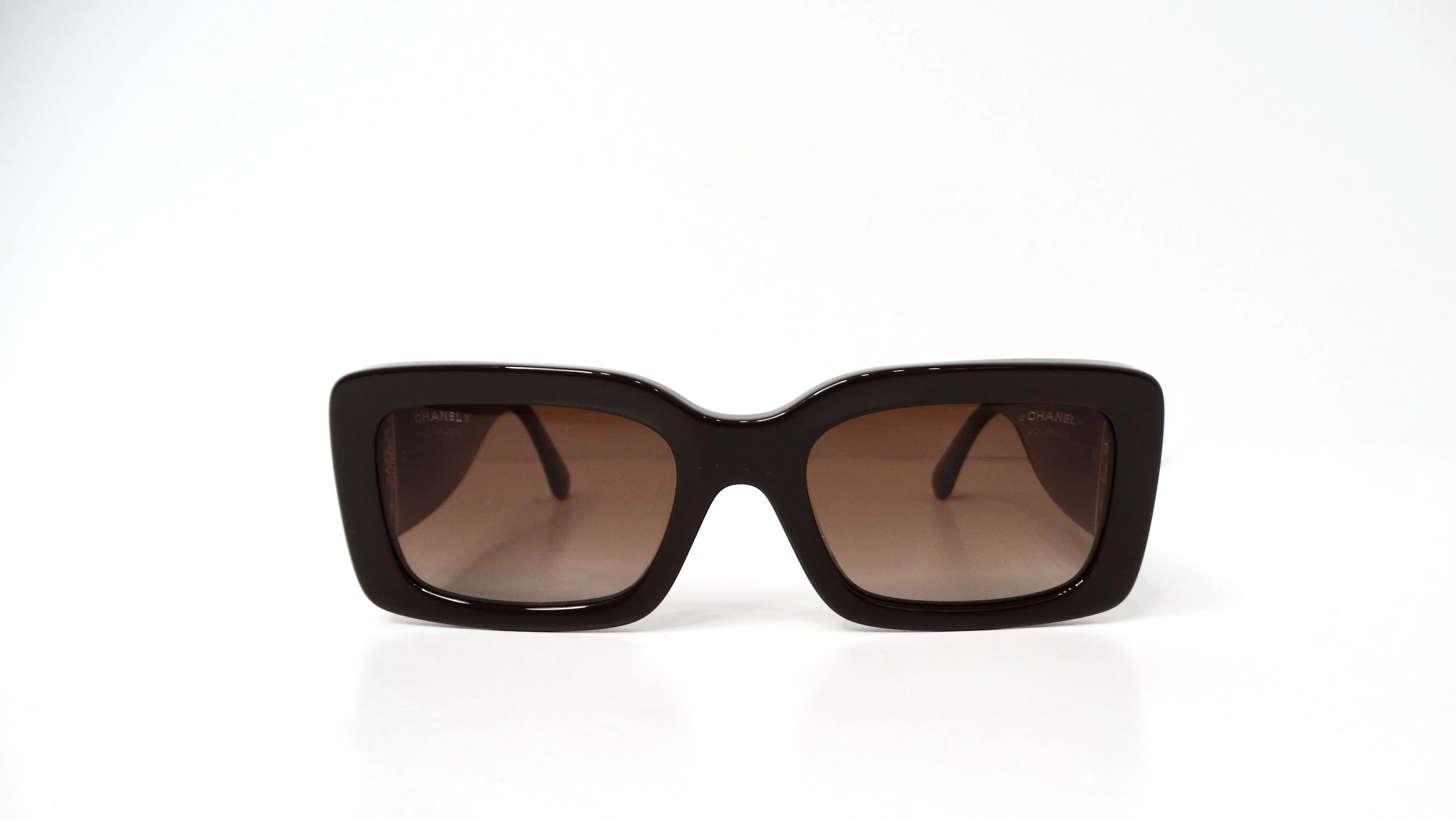 Chanel Brown Polarized Rectangular Gold-Tone Interlocking CC Accent Sunglasses
