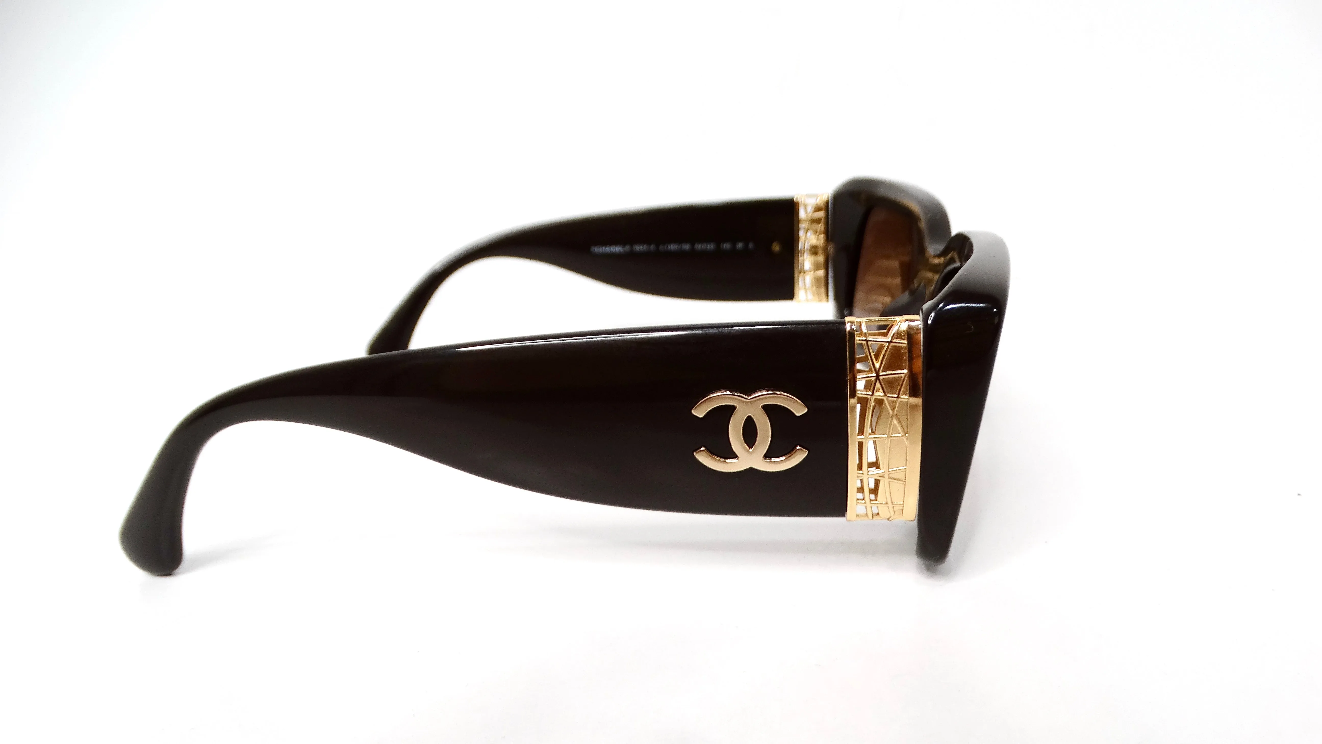 Chanel Brown Polarized Rectangular Gold-Tone Interlocking CC Accent Sunglasses