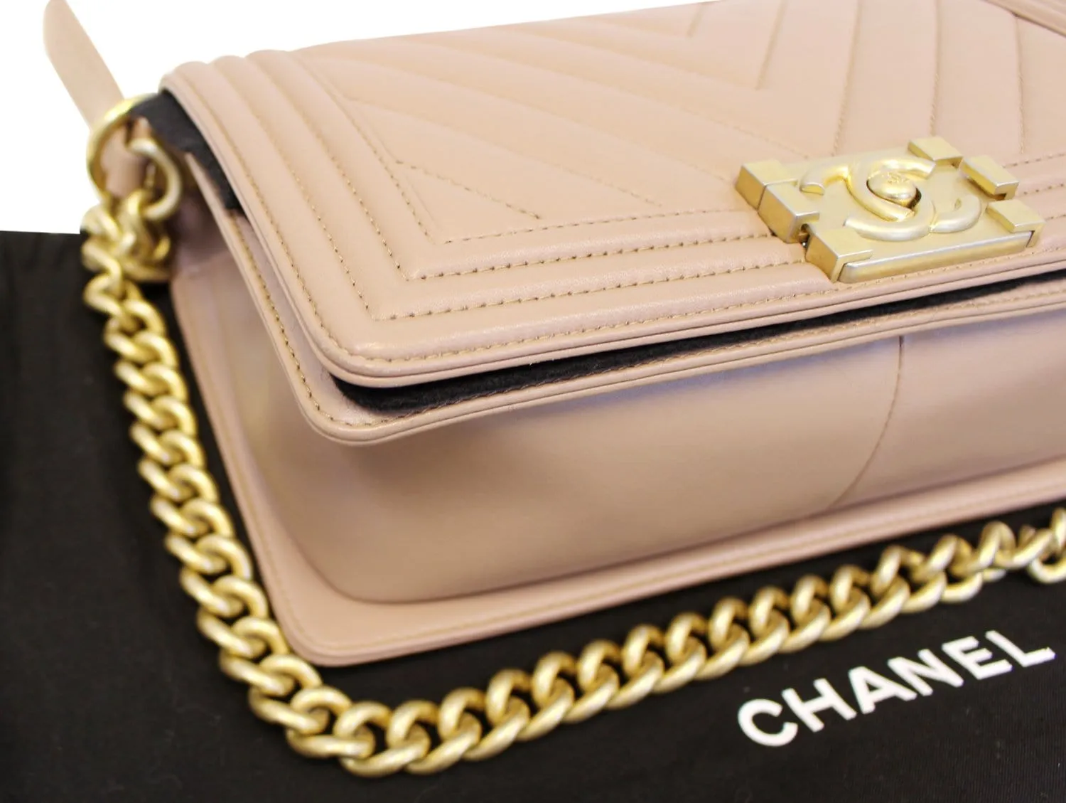 CHANEL Calfskin Chevron Quilted Dark Beige Medium Boy Flap Bag