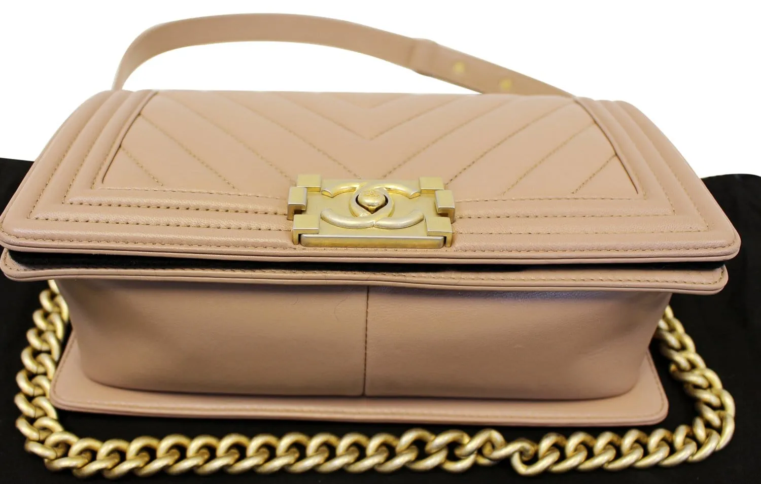 CHANEL Calfskin Chevron Quilted Dark Beige Medium Boy Flap Bag