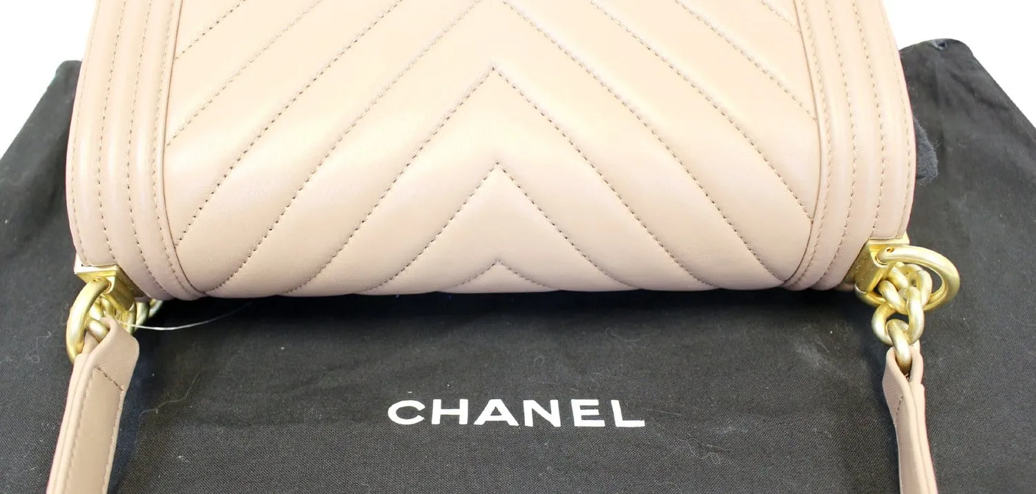 CHANEL Calfskin Chevron Quilted Dark Beige Medium Boy Flap Bag