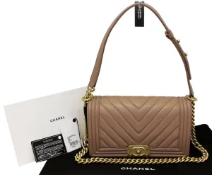 CHANEL Calfskin Chevron Quilted Dark Beige Medium Boy Flap Bag