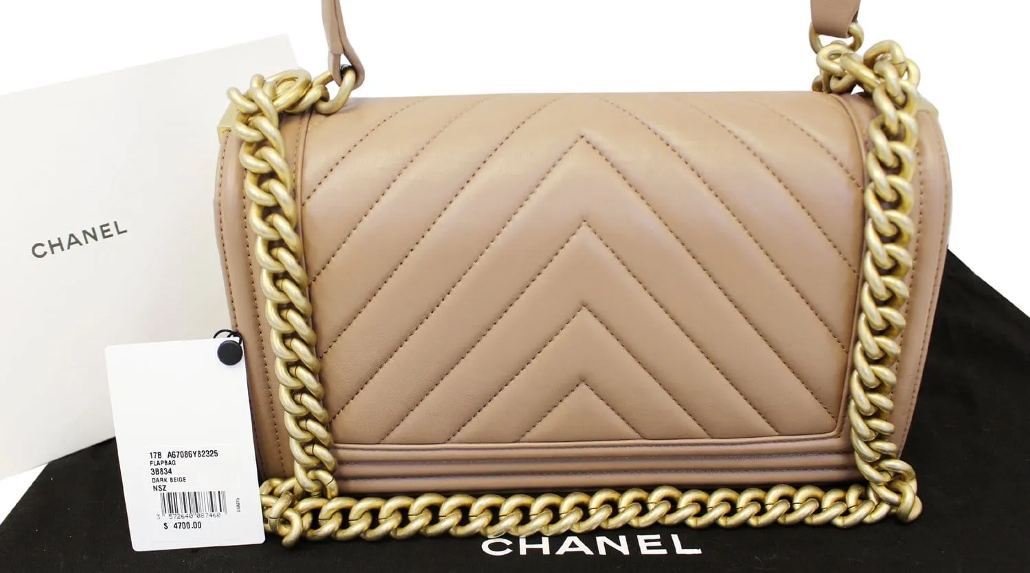 CHANEL Calfskin Chevron Quilted Dark Beige Medium Boy Flap Bag