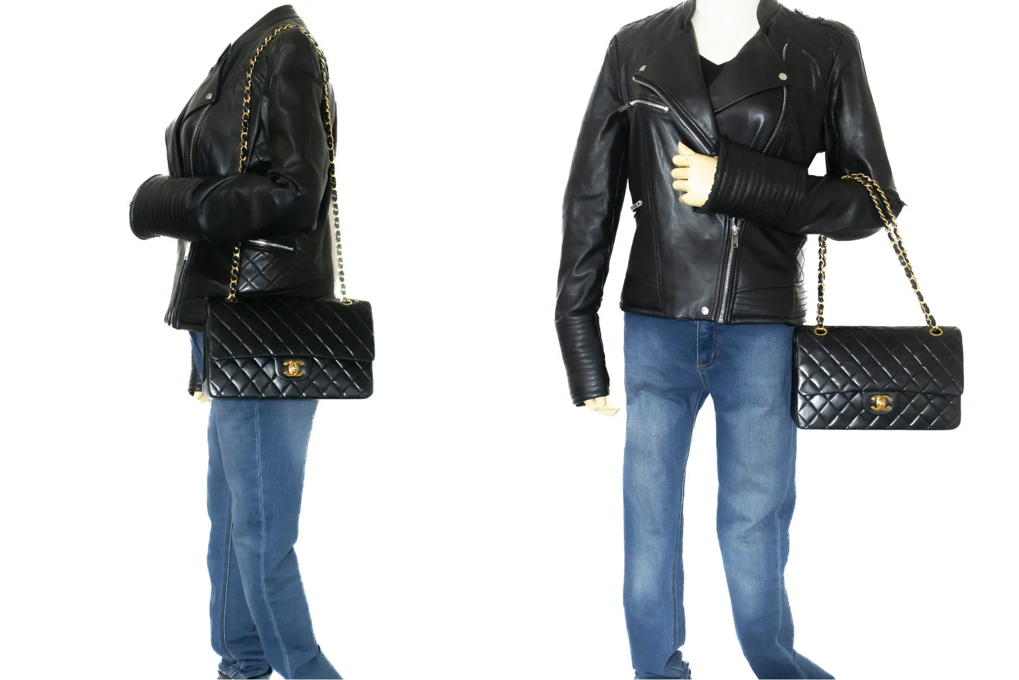 CHANEL Classic Double Flap 10" Chain Shoulder Bag Black Lambskin m82