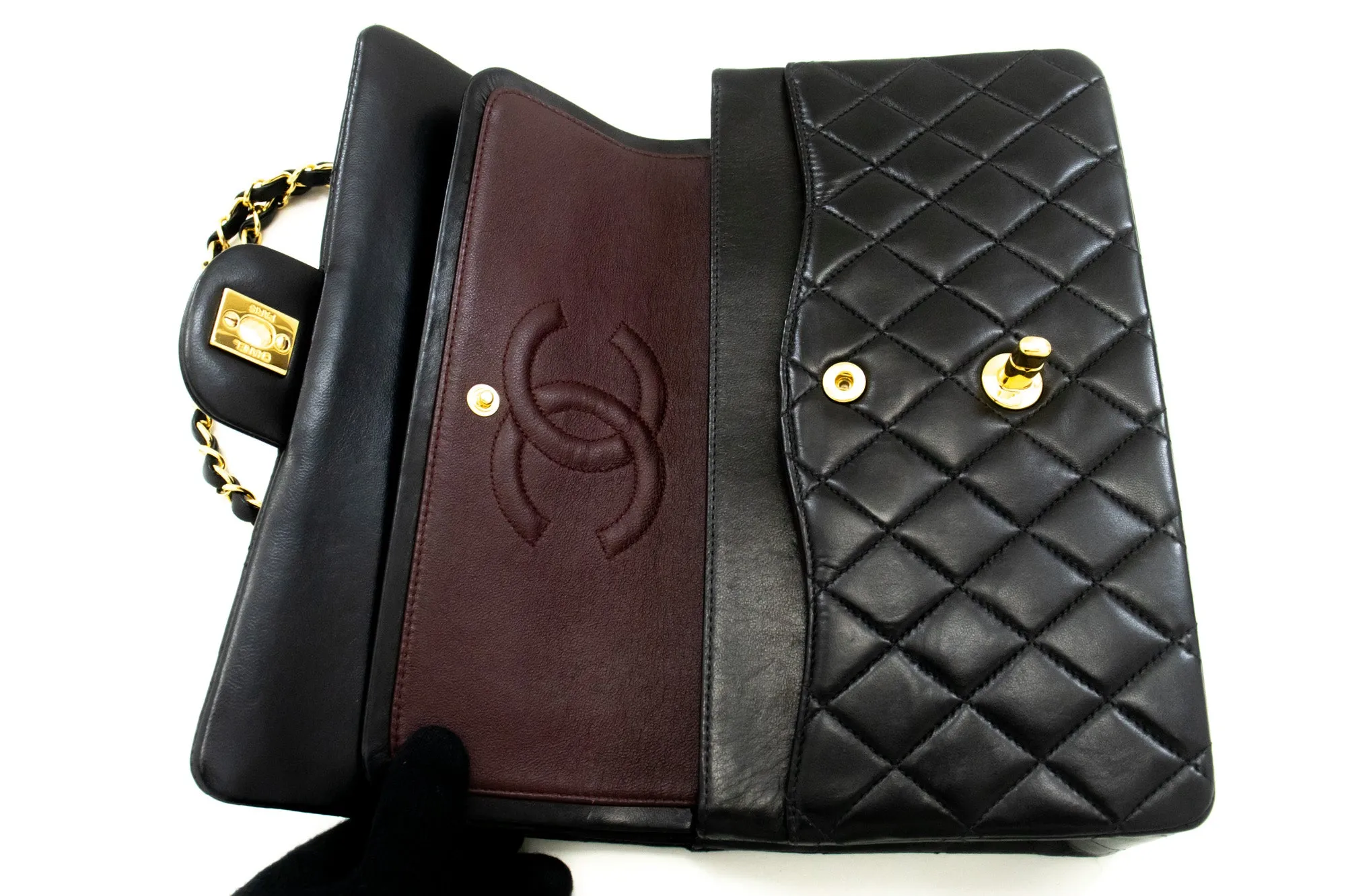 CHANEL Classic Double Flap 10" Chain Shoulder Bag Black Lambskin m82