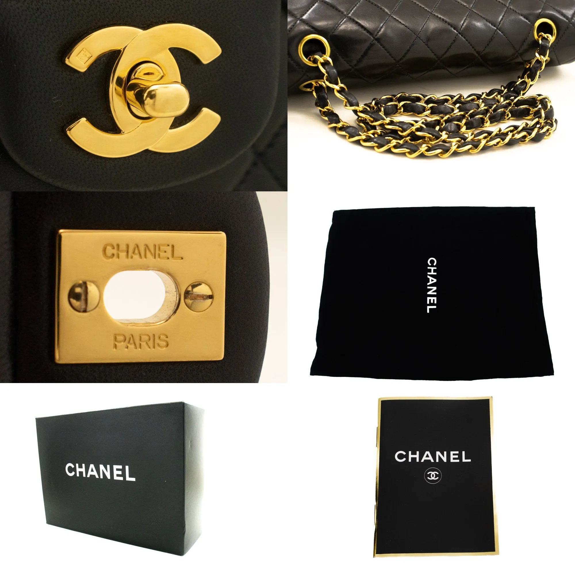 CHANEL Classic Double Flap 10" Chain Shoulder Bag Black Lambskin m82