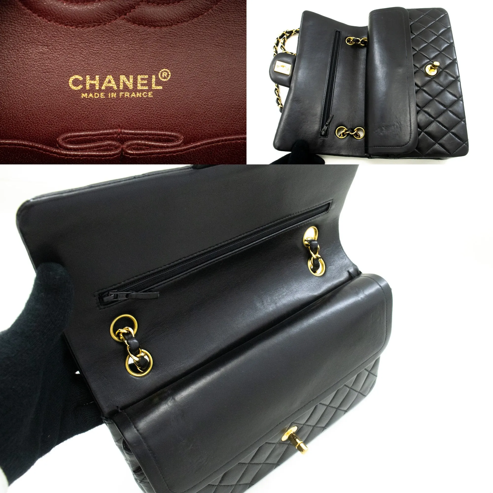 CHANEL Classic Double Flap 10" Chain Shoulder Bag Black Lambskin m82