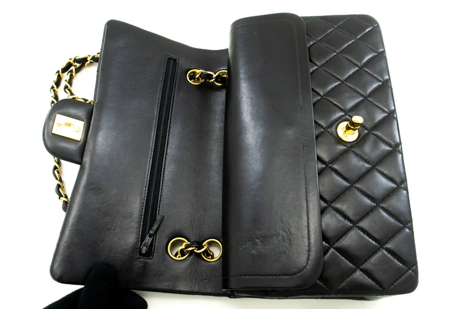 CHANEL Classic Double Flap 10" Chain Shoulder Bag Black Lambskin m82