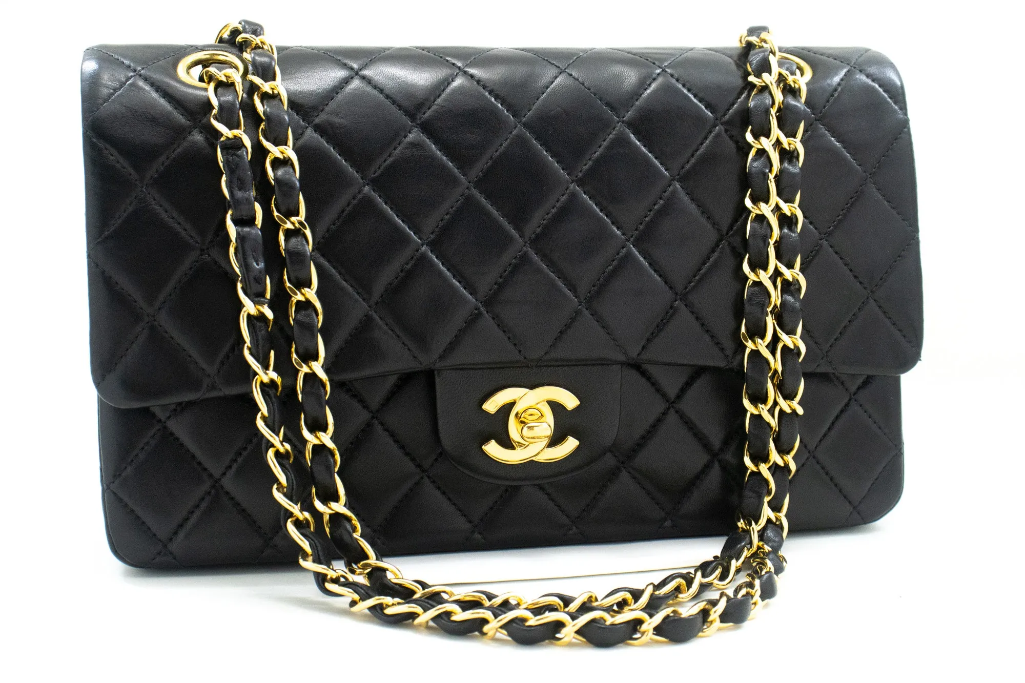 CHANEL Classic Double Flap 10" Chain Shoulder Bag Black Lambskin m82